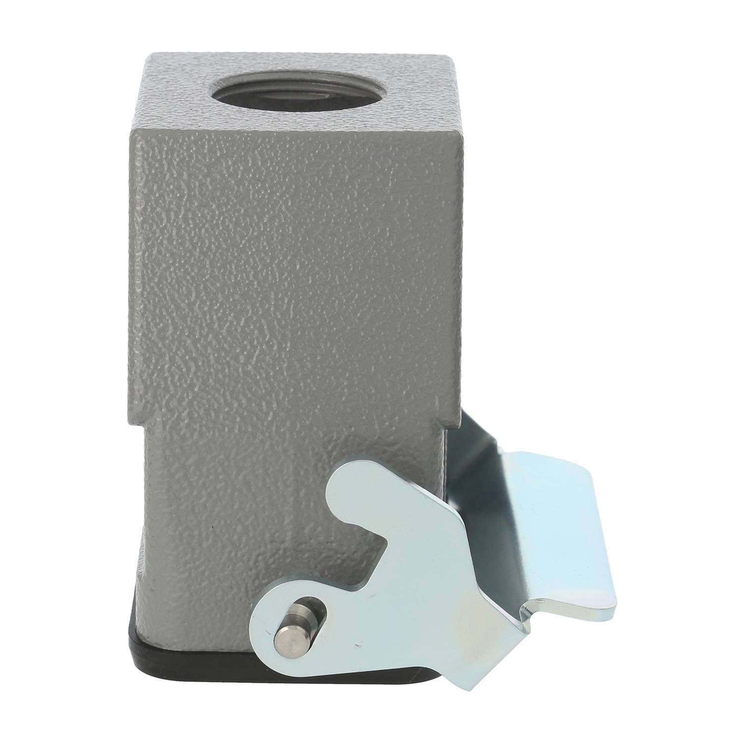 Ein grauer Metallquader mit einem kreisrunden Loch an der Oberseite und einem hervorstehenden flachen Hebel an der Seite, verwendet als industrielle oder mechanische Komponente.