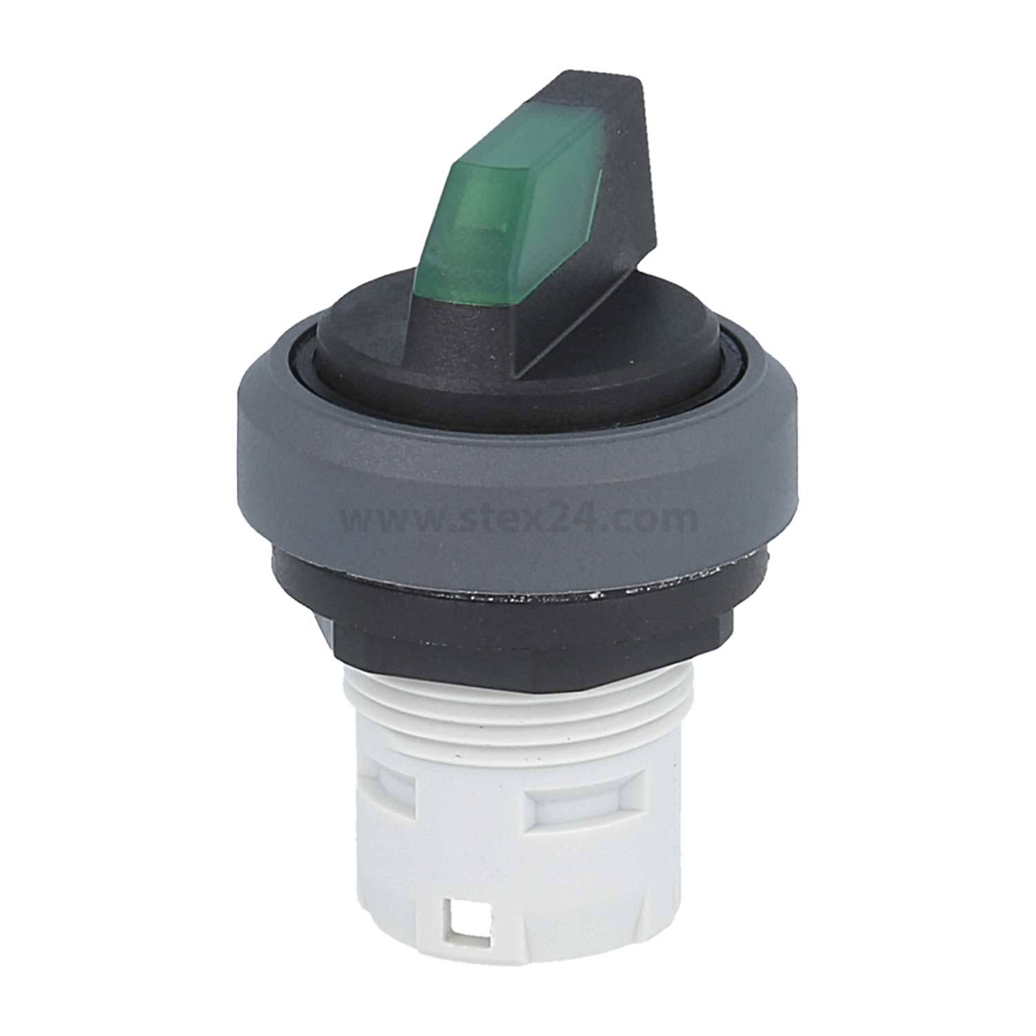 Ein Drehschalter mit einem grünen dreieckigen Griff, der auf einem zylindrischen Sockel montiert ist und zur Steuerung elektrischer Schaltkreise oder Geräte verwendet wird.