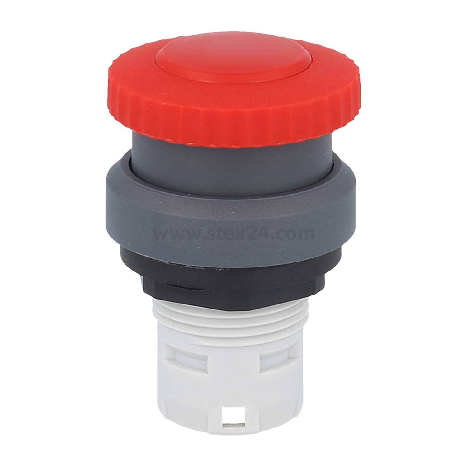 Notstop-Taste mit roter Kappe und grauer Basis, entwickelt für Sicherheitssysteme in industriellen oder maschinellen Umgebungen.