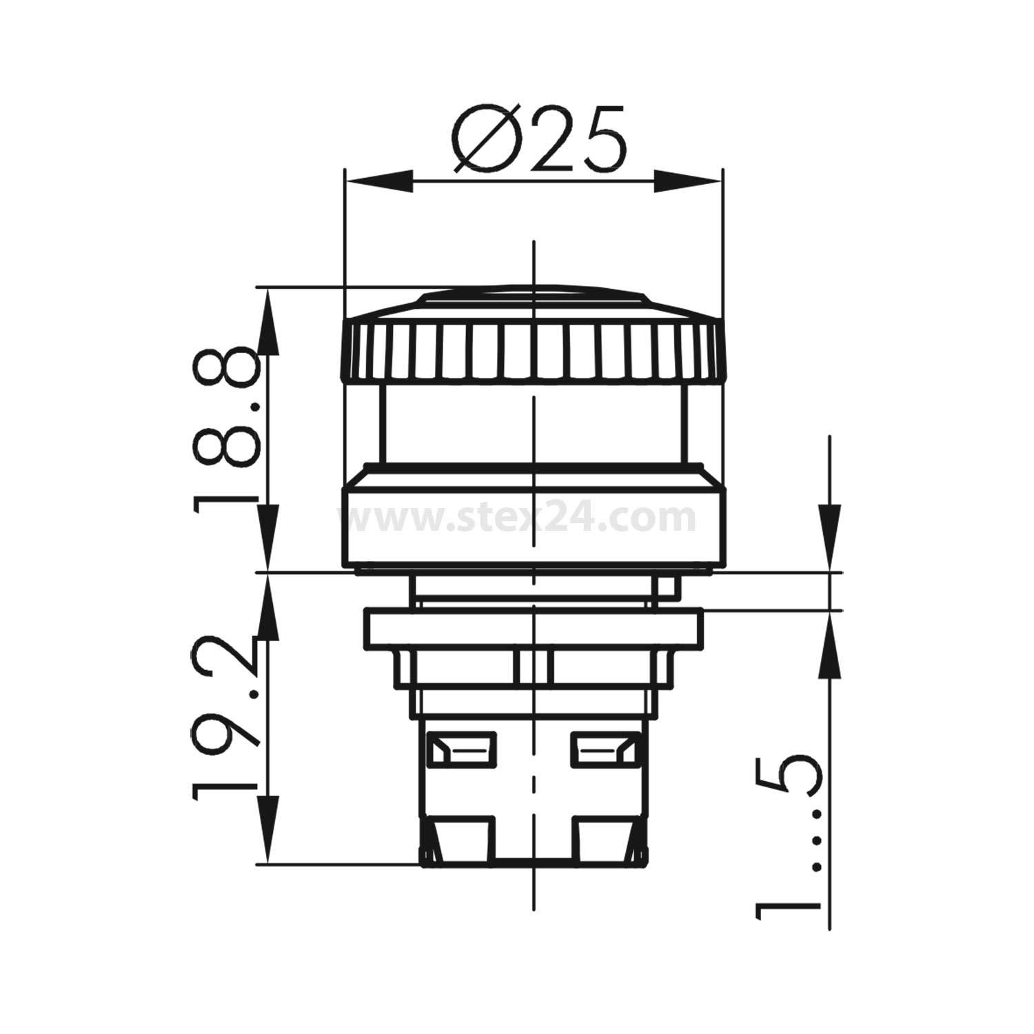 Technische Zeichnung eines kreisrunden Tastenschalters mit Abmessungen. Durchmesser beträgt 25 mm, Höhe 18,8 mm, und die Tiefe ist mit verschiedenen Maßangaben beschriftet.