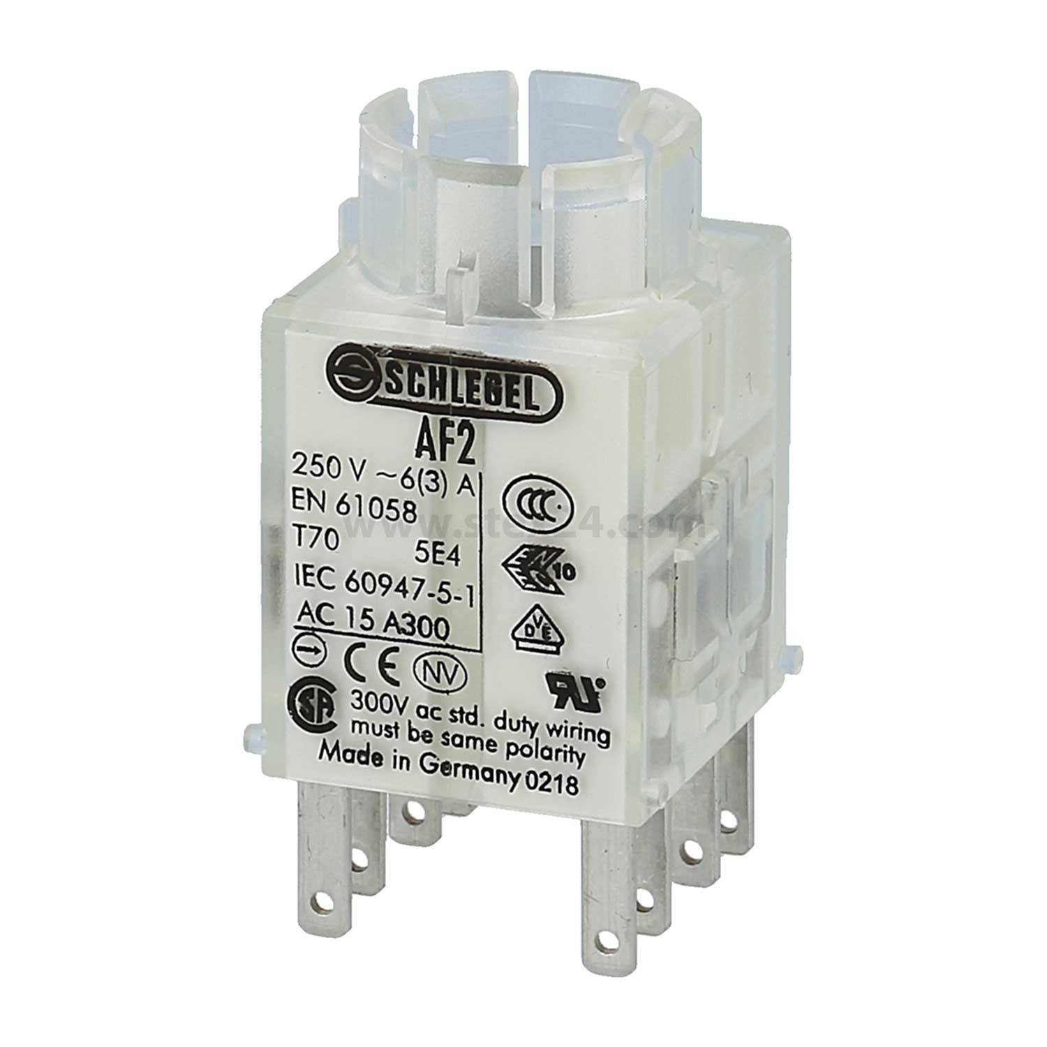 Eine klare, rechteckige elektrische Komponente, die mit ‚AF2 250V, 6A' beschriftet ist und Metallstifte sowie Konformitätszeichen für Sicherheitsstandards aufweist.