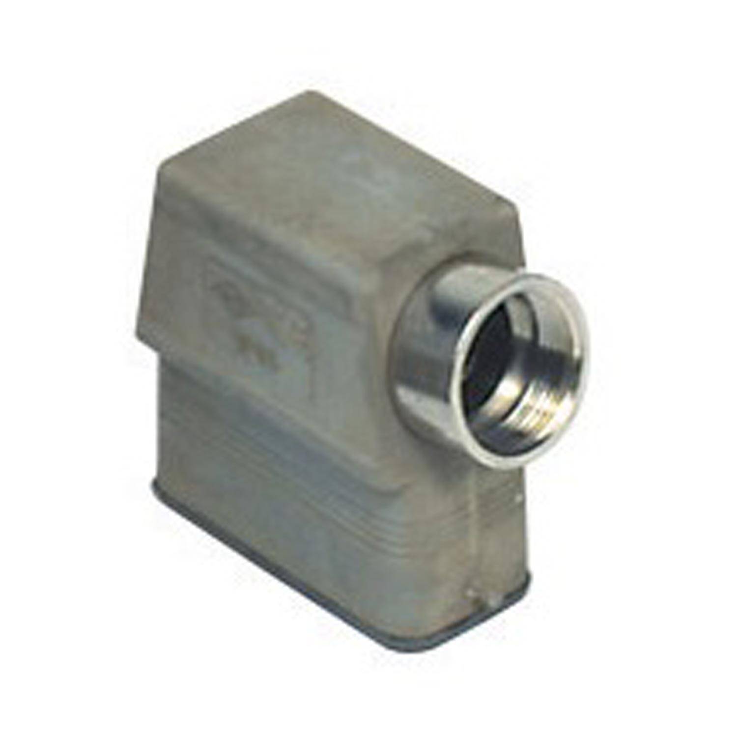 Ein metallisches rechteckiges industrielles Anschlussgehäuse mit einem kreisförmigen Eingangsport, verwendet zum Sichern und Schützen elektrischer Verbindungen.