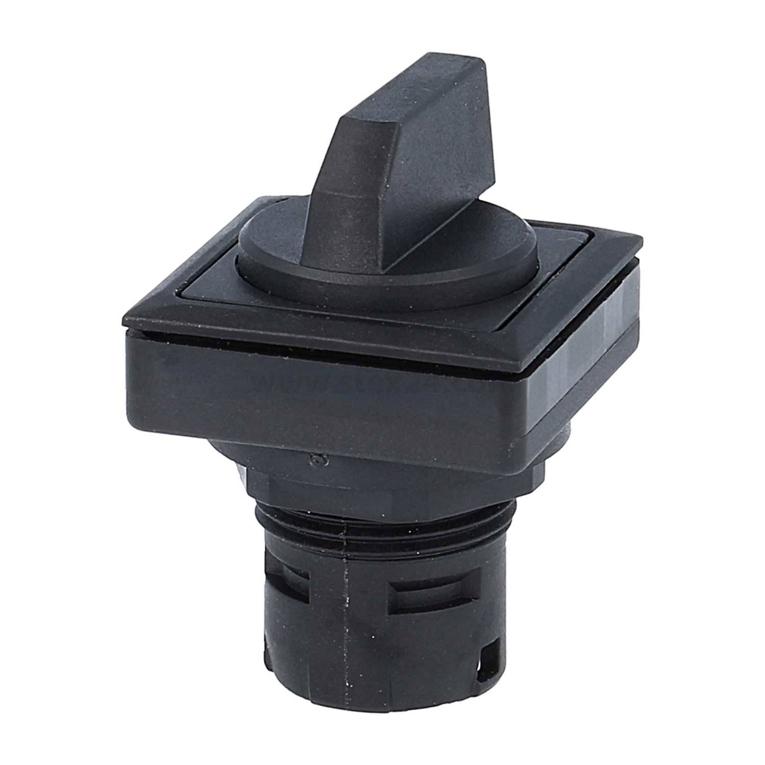 Ein schwarzer Plastik-Drehschalter mit rechteckiger Basis und herausragendem, abgewinkeltem Griff, der zur Steuerung elektronischer Geräte verwendet wird.