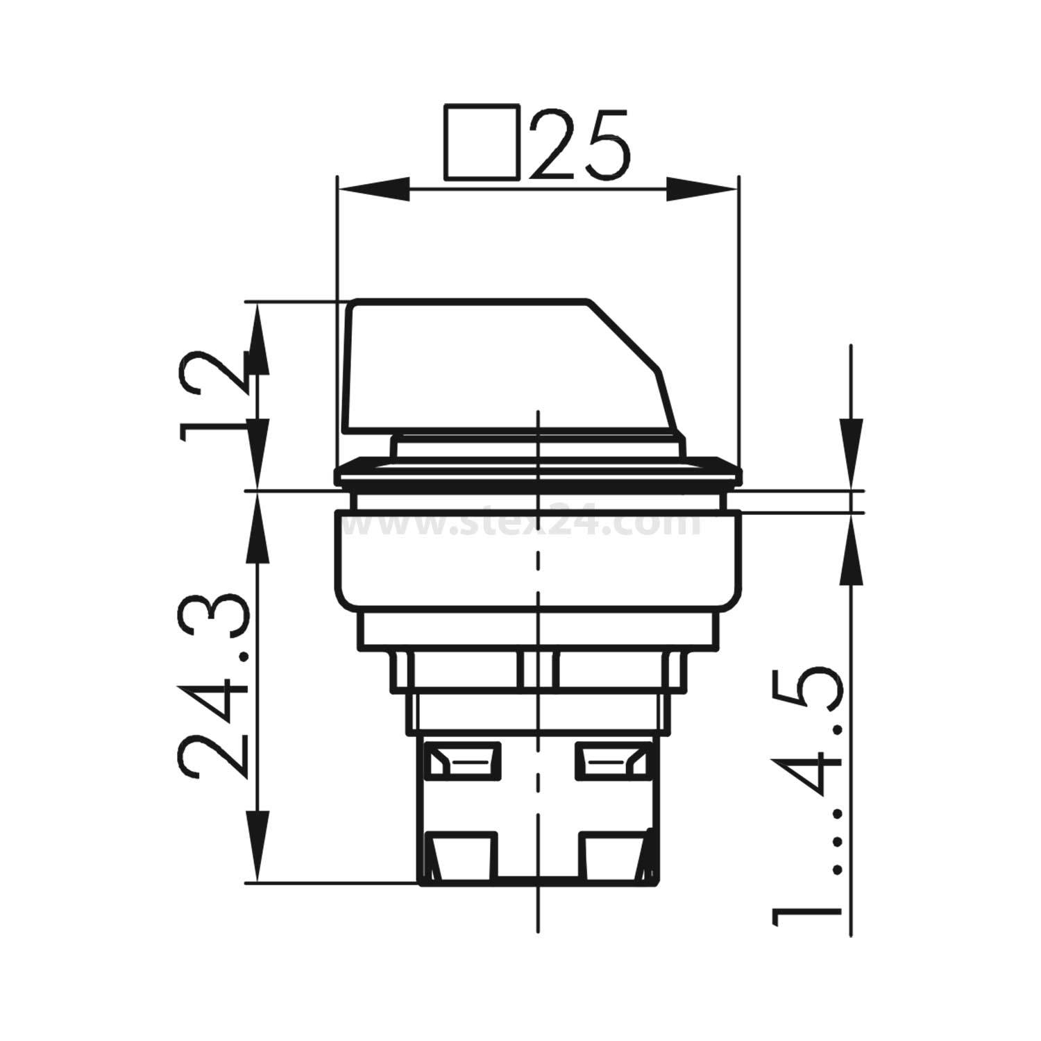 Drucktastenschalter-Schaltplan mit Abmessungen: Höhe 24,3 mm, Breite 25 mm, Montagentiefe 1-4,5 mm, Betätigerprofil dargestellt.