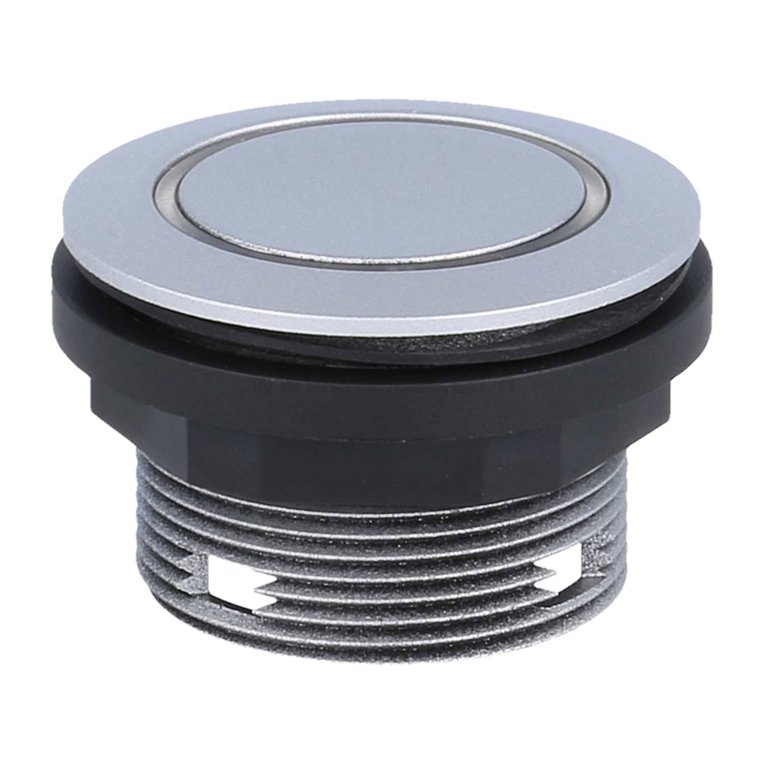 Ein runder, metallischer Druckknopf mit einer flachen silbernen Oberfläche und schwarzer Basis, konzipiert für elektronische Geräte oder Steuerungspanels von Maschinen.