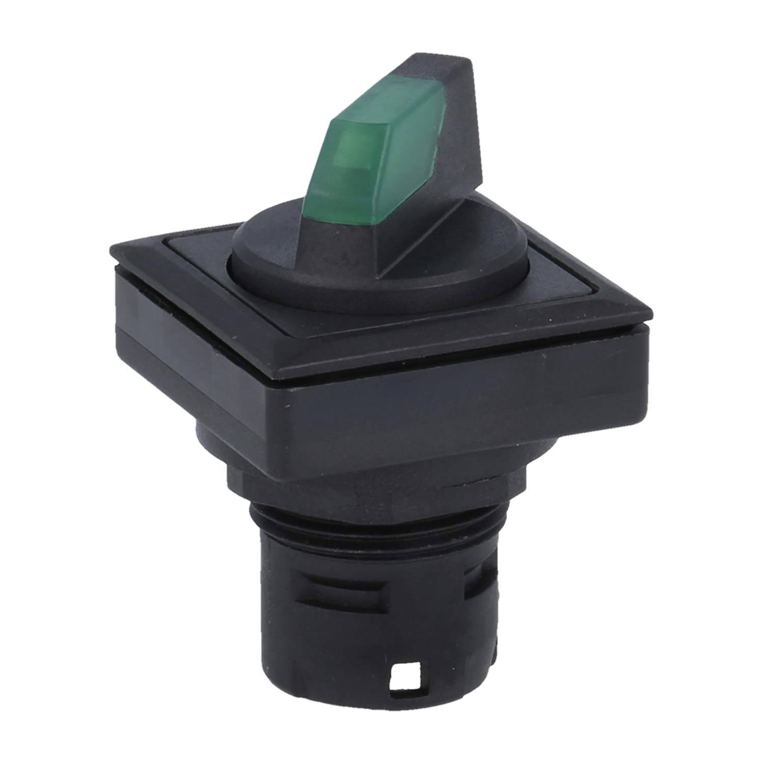 Ein schwarzer quadratischer Drucktastenschalter mit einer grünen Leuchtanzeige oben, konzipiert für die Einbaumontage in elektronischen Geräten.