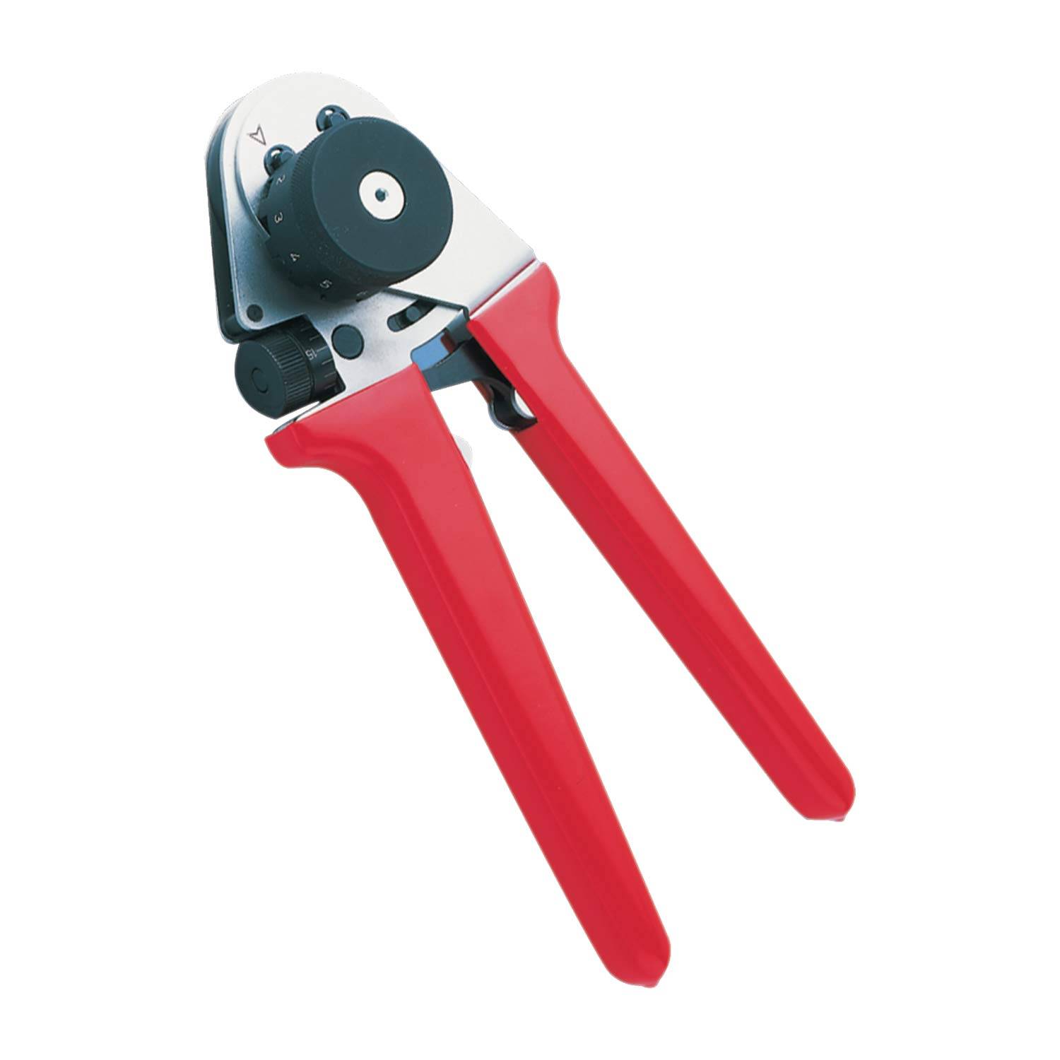 Rot-gehaltene Crimpzange zum Crimpen elektrischer Anschlüsse, ausgestattet mit verstellbaren Einstellungen und ergonomischen Griffen für einfache Handhabung.