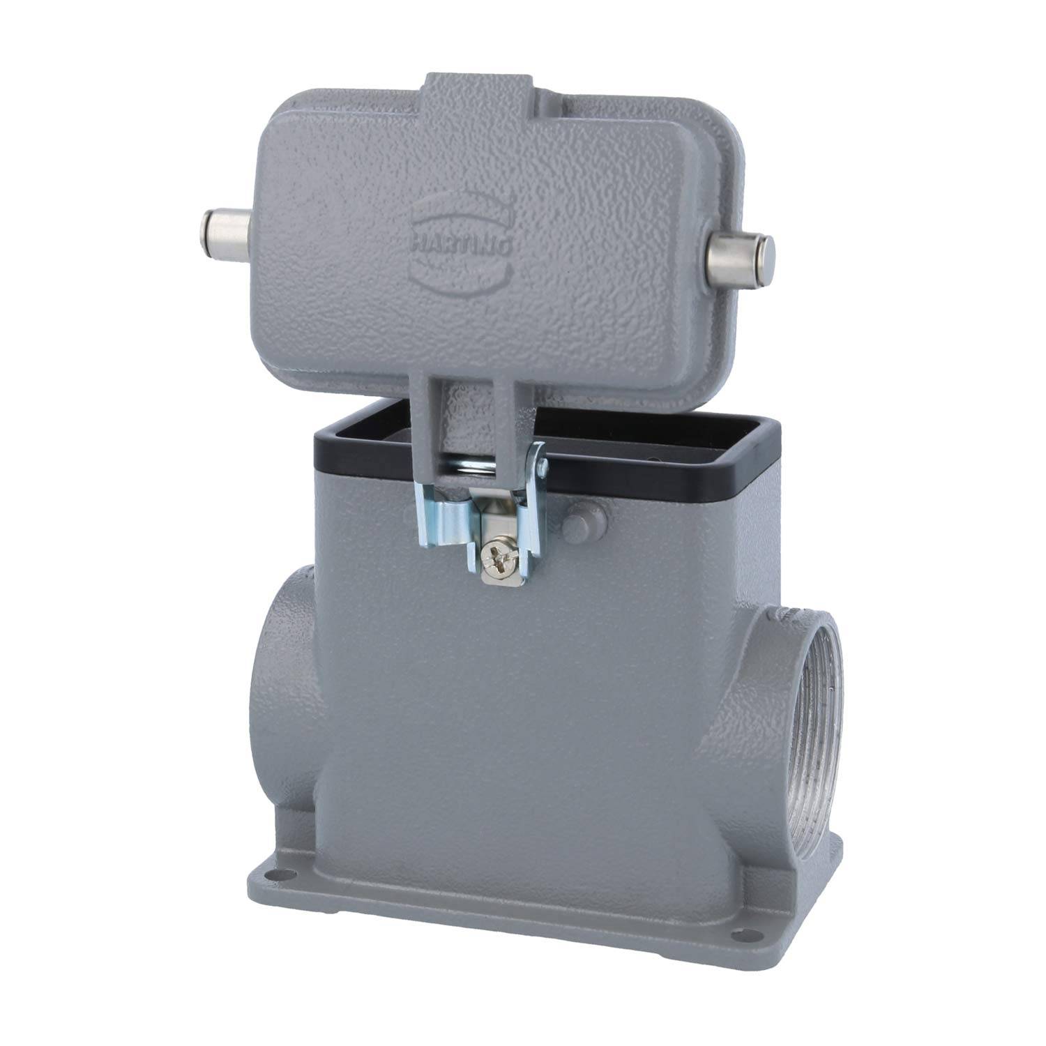 Ein industrielles Metallverbindungsgehäuse mit rechteckiger Form, einer Klappdeckel und seitlichen Öffnungen, konzipiert für sichere elektrische Verbindungen.