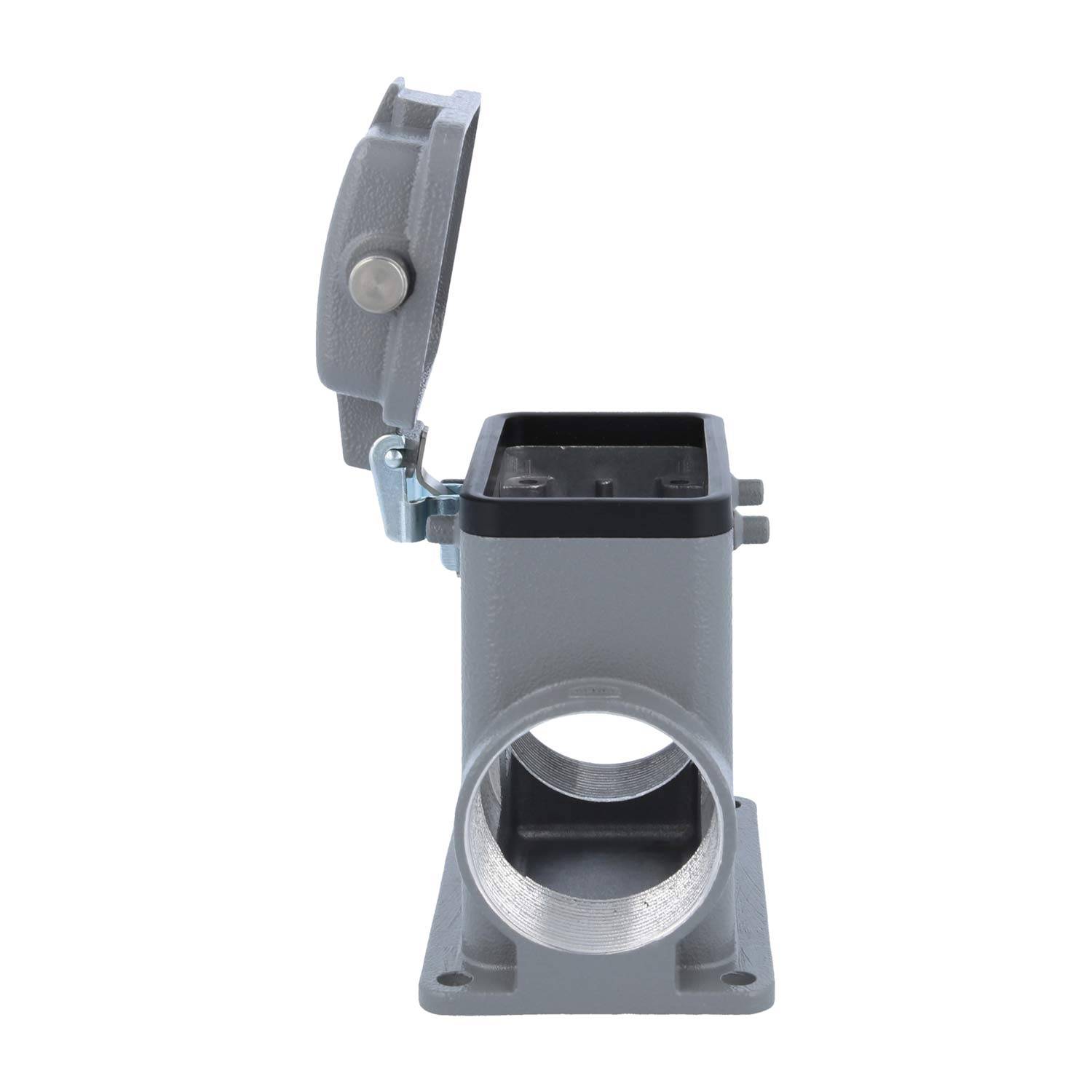 Ein Metallgehäuse für Ausrüstung mit offener Abdeckung und zylindrischer Öffnung, geeignet für Montage oder Verkabelung, vor einem weißen Hintergrund dargestellt.