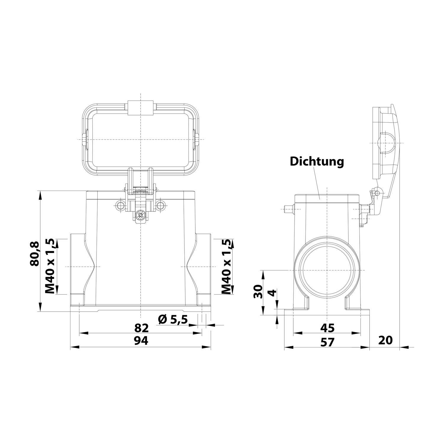 Technische Zeichnung einer M40 x 1,5 Komponente mit Maßen. Breiten: 82 mm, 94 mm; Höhe: 80,8 mm. Detail der Dichtung.