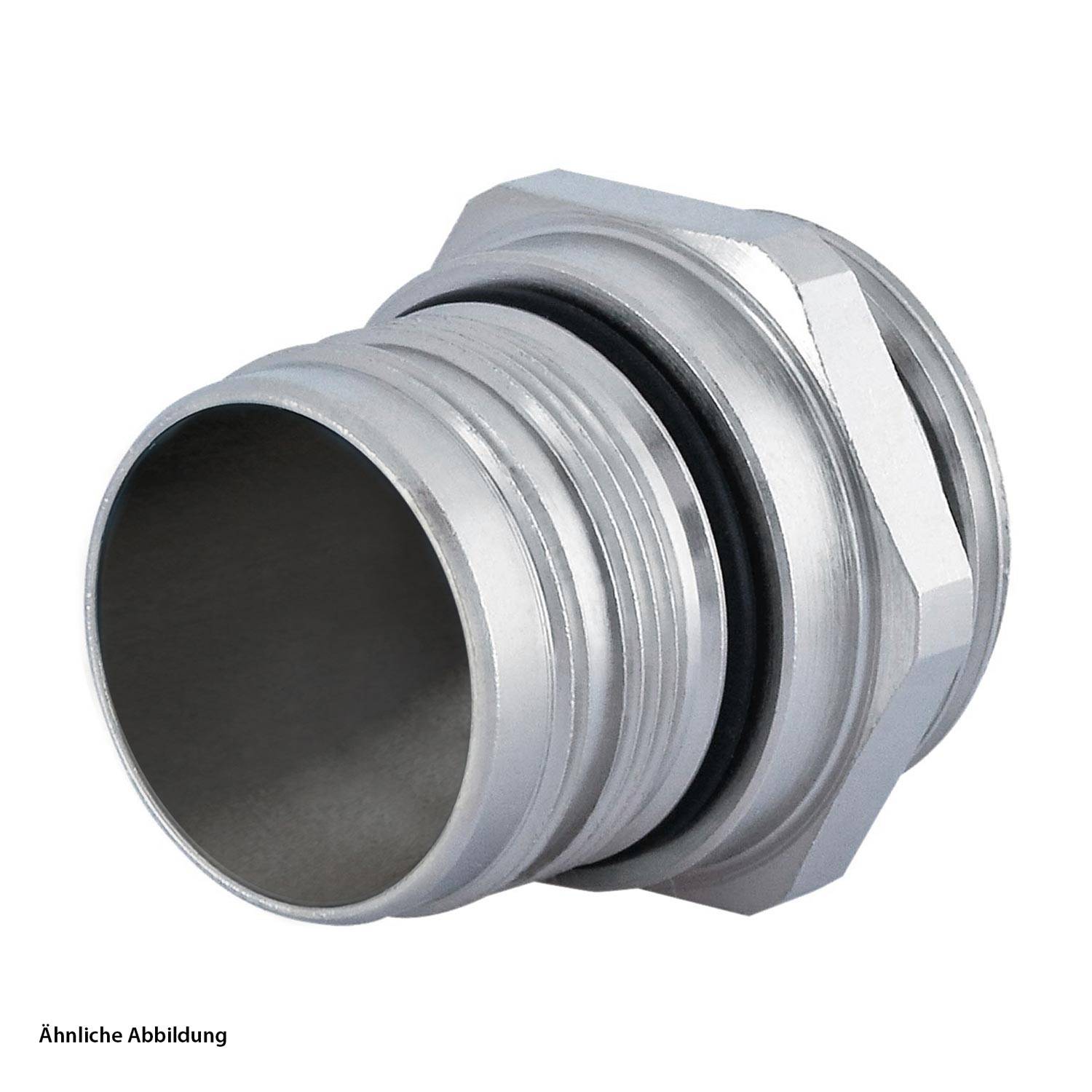 Metallischer Verbindungsanschluss mit Schraubengewinde und Gummidichtung, verwendet für sichere Rohranschlüsse in industriellen Systemen.