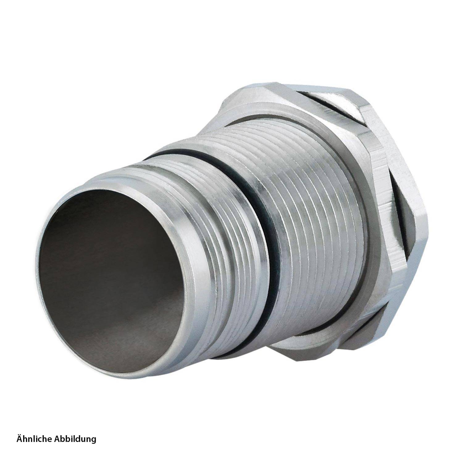 Ein metallischer zylindrischer Verbinder mit gewindeter Außenfläche und zwei O-Ringen in der Nähe des Endes, konstruiert für Abdichtung und sichere Befestigung.