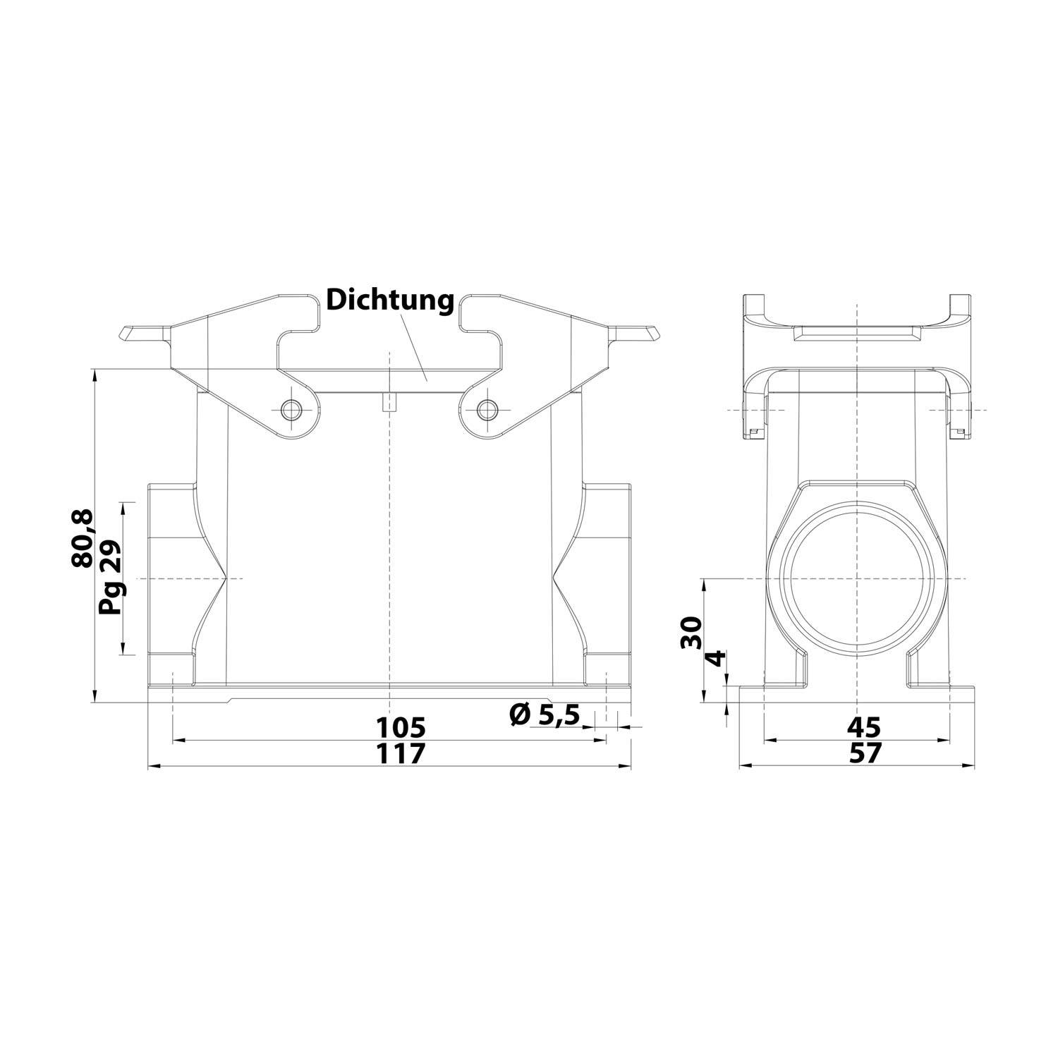 Technische Zeichnung einer Komponente mit Maßangaben. Schlüsselmessungen umfassen Breite: 105 mm, Höhe: 80,8 mm und Lochdurchmesser: 5,5 mm.