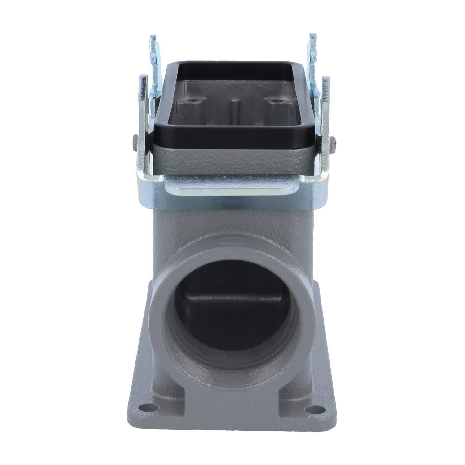 Ein graues industrielles elektrisches Anschlussgehäuse mit einer quadratischen Öffnung oben und einer abgerundeten Basis, gesichert durch Metallclips.