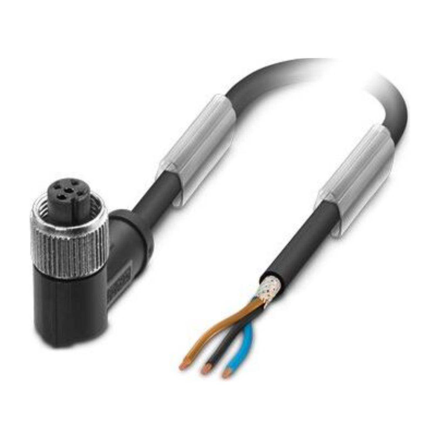 Ein schwarzes Kabel mit einem Winkelstecker auf der einen Seite und vier freiliegenden, farbigen Drähten auf der anderen Seite, was elektrische Verbindungen andeutet.