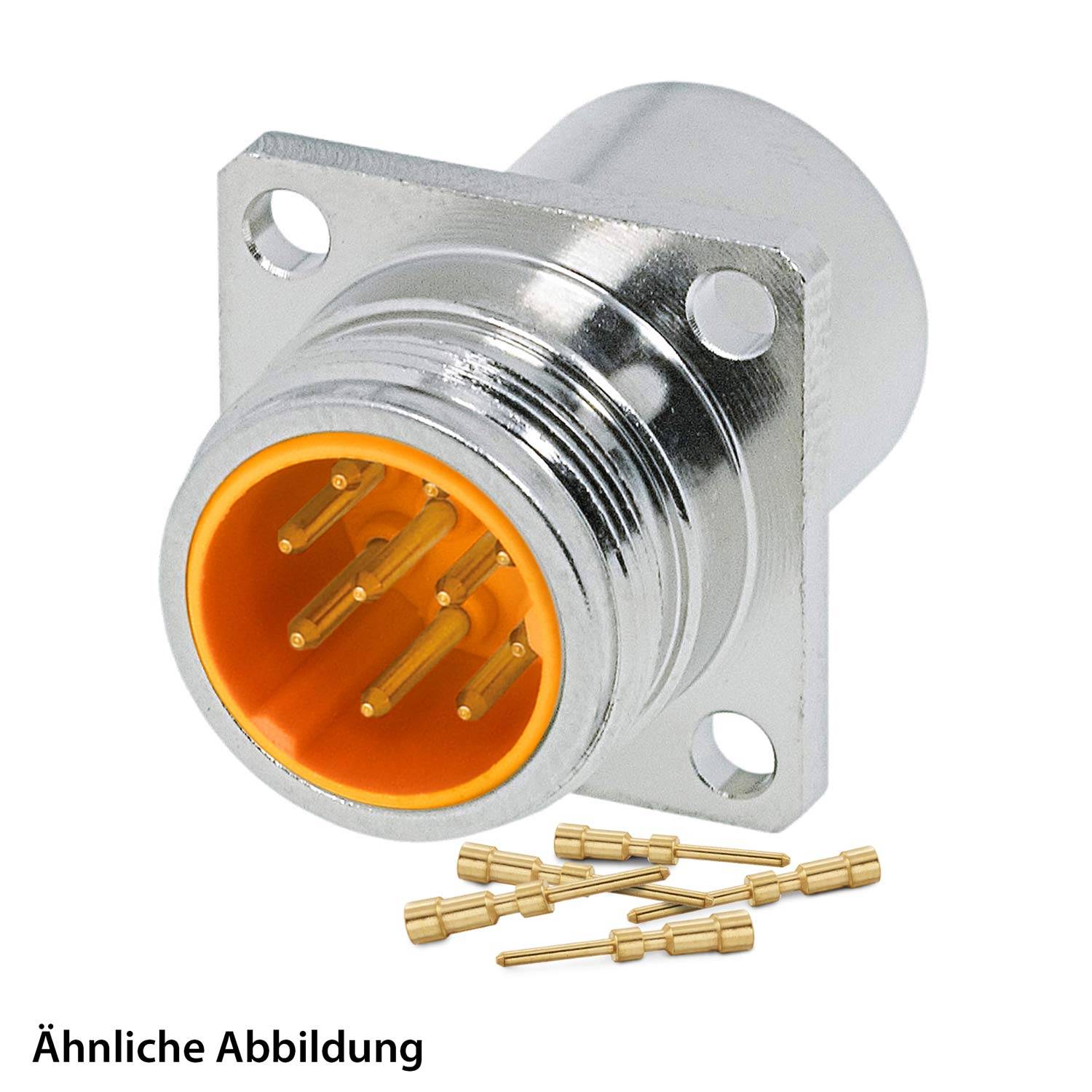 Metallischer Rundsteckverbinder mit orangefarbener Innenansicht und mehreren Kontaktstiften, dargestellt mit zusätzlichen Stiftkomponenten; mit der Bezeichnung 'Ähnliche Abbildung' darunter.