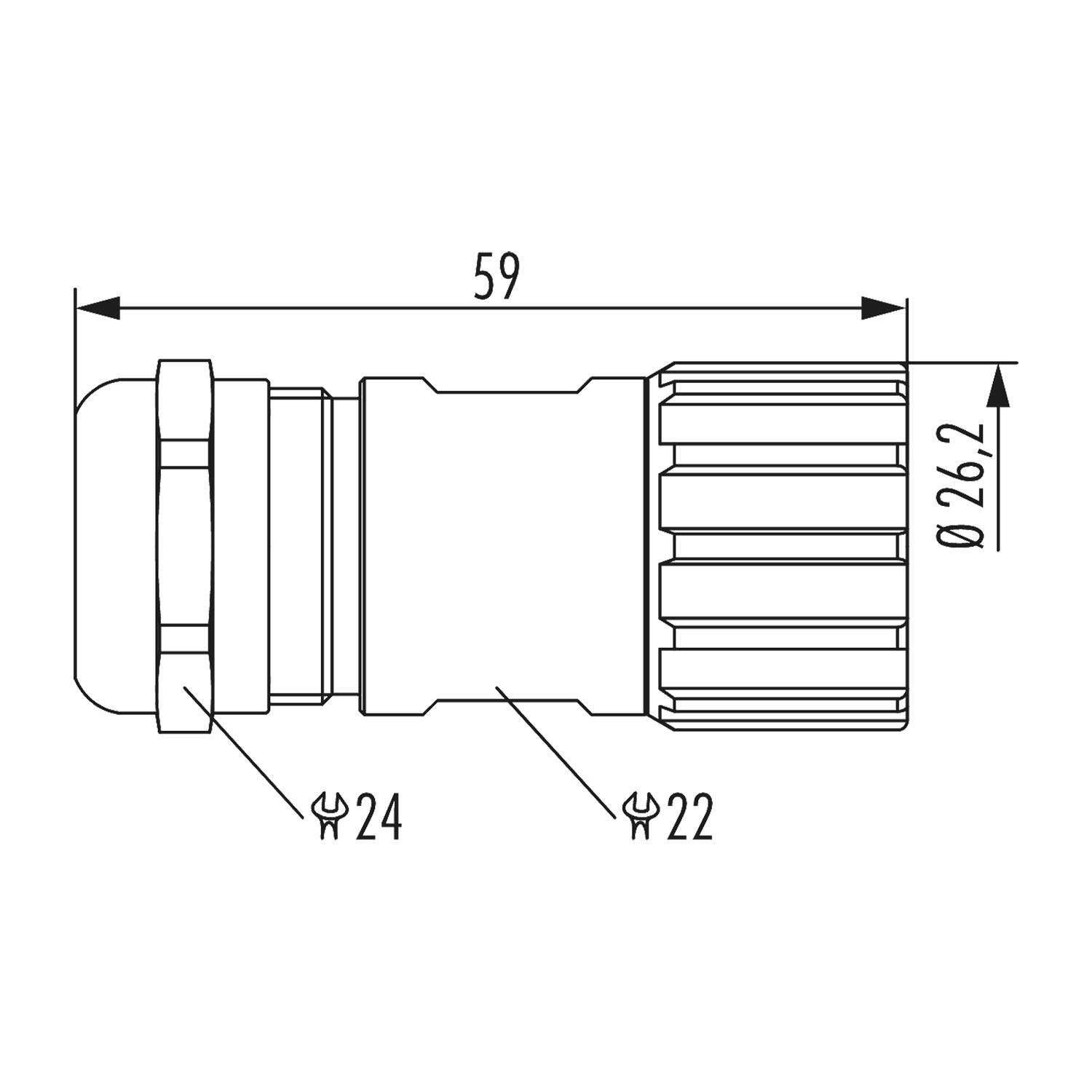 Technische Zeichnung eines zylindrischen Verbinders mit Maßangaben: Länge 59 mm, Durchmesser 26,2 mm, mit Schlüsselweiten von 24 mm und 22 mm.