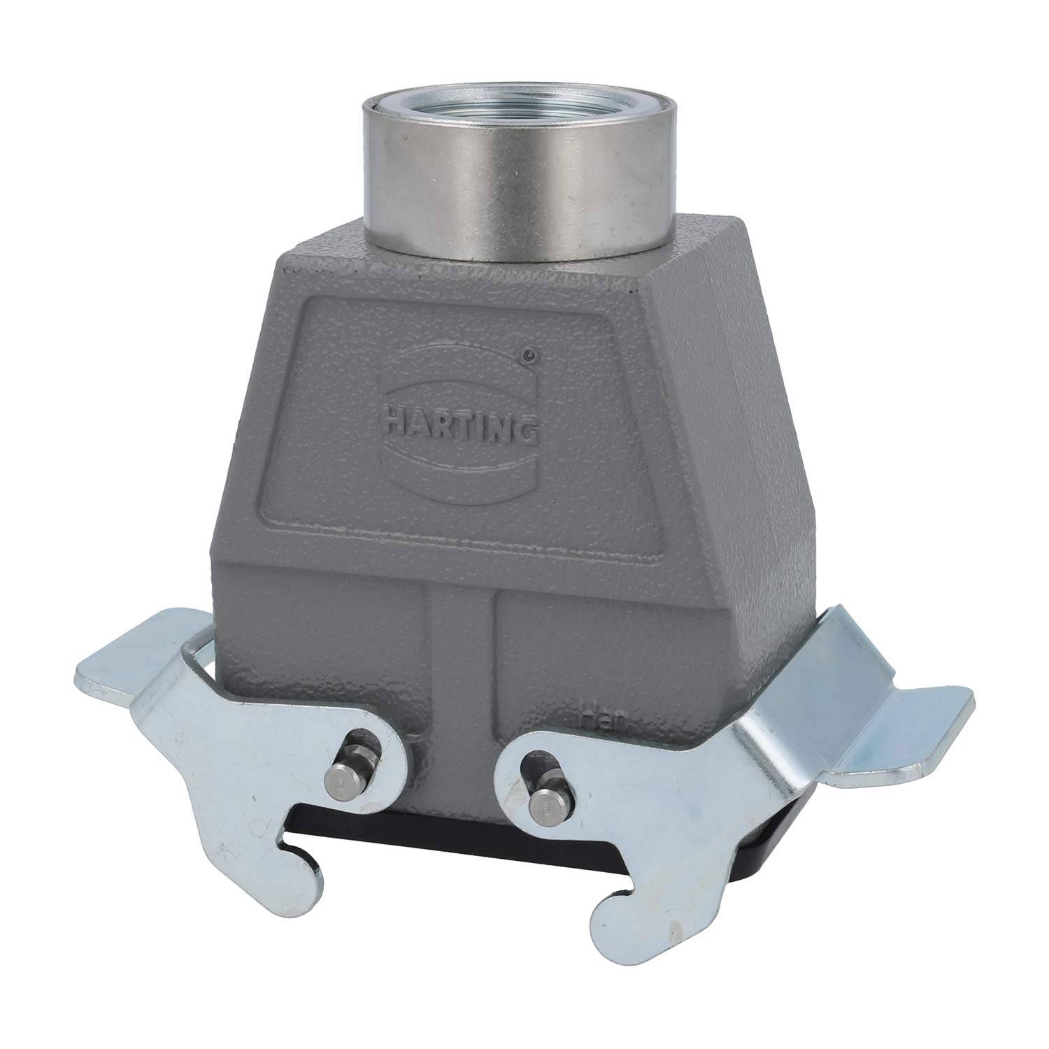 Gehäuse für Hardwareanschluss, Metall, grau, mit rechteckiger Form und Klemmmechanismus. Markierung auf der Vorderseite liest 'HARTING'.