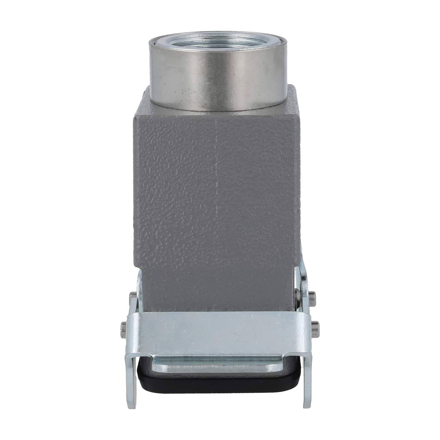 Eine metallische, quadratische Industriekomponente mit einem zylindrischen Oberteil und einem Scharnierbügel an der Basis, wahrscheinlich für mechanische Anwendungen verwendet.