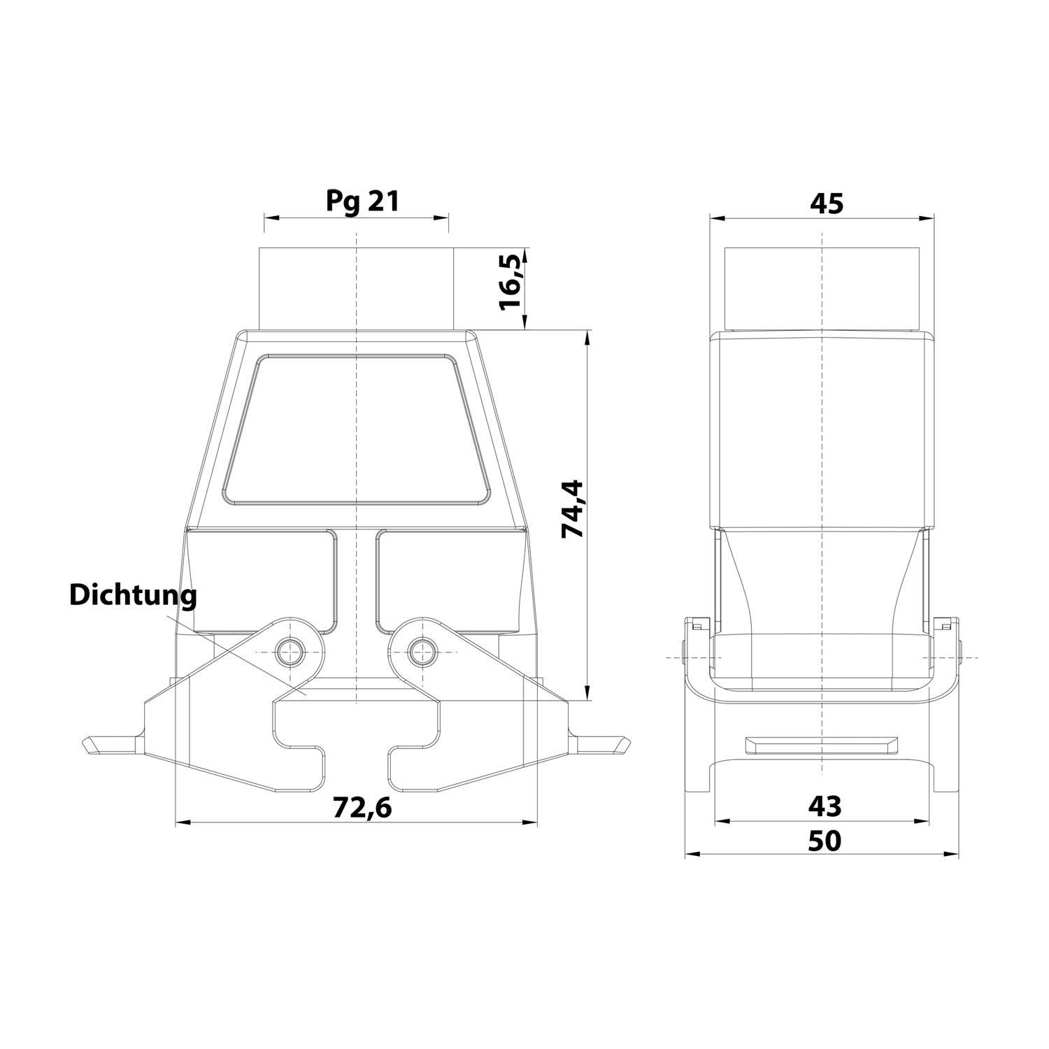 Technische Zeichnung zur Darstellung der Abmessungen einer Dualansicht-Anschlussabdeckung mit Maßangaben: 72,6 mm Breite, 74,4 mm Höhe, 50 mm Basisbreite, 45 mm Deckelbreite und 16,5 mm Tiefe.