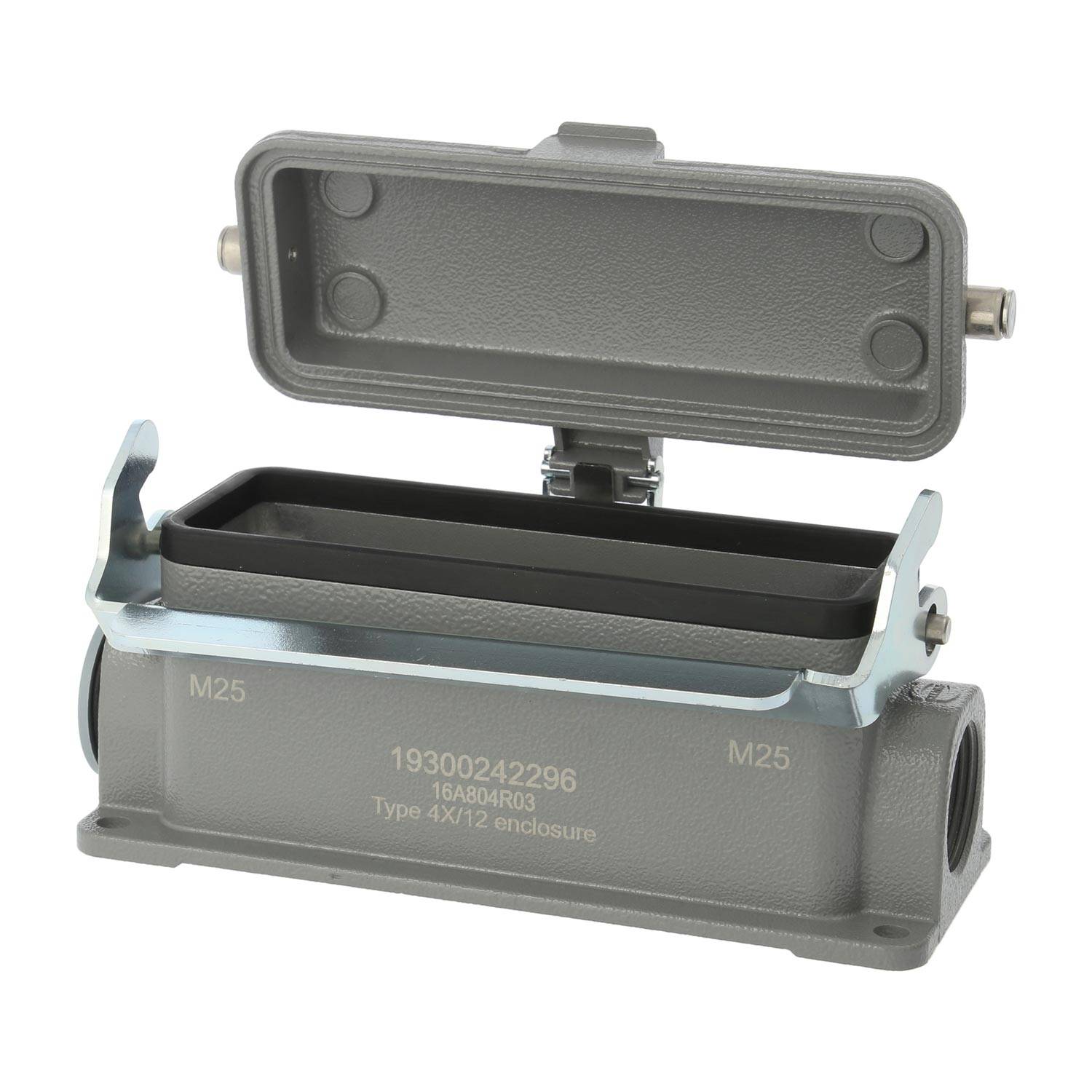 Ein grauer metallischer Elektrogehäuse mit einem offenen Deckel, der ein internes Fach zeigt, beschriftet mit '1930024296', M25-Anschlussbuchsen.