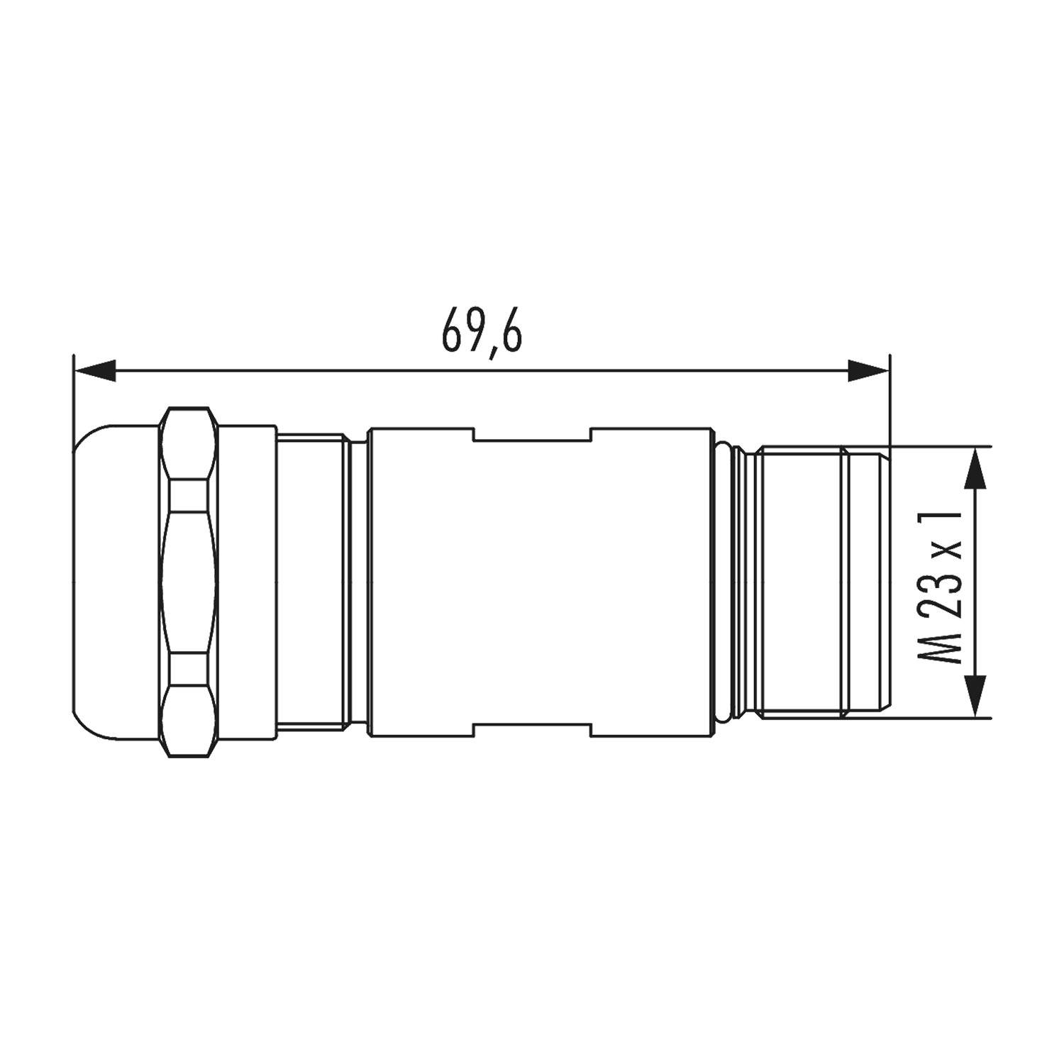 Technische Zeichnung einer zylindrischen Komponente mit Abmessungen von 69,6 Länge und M23 x 1. Rechte Seite gewindet.