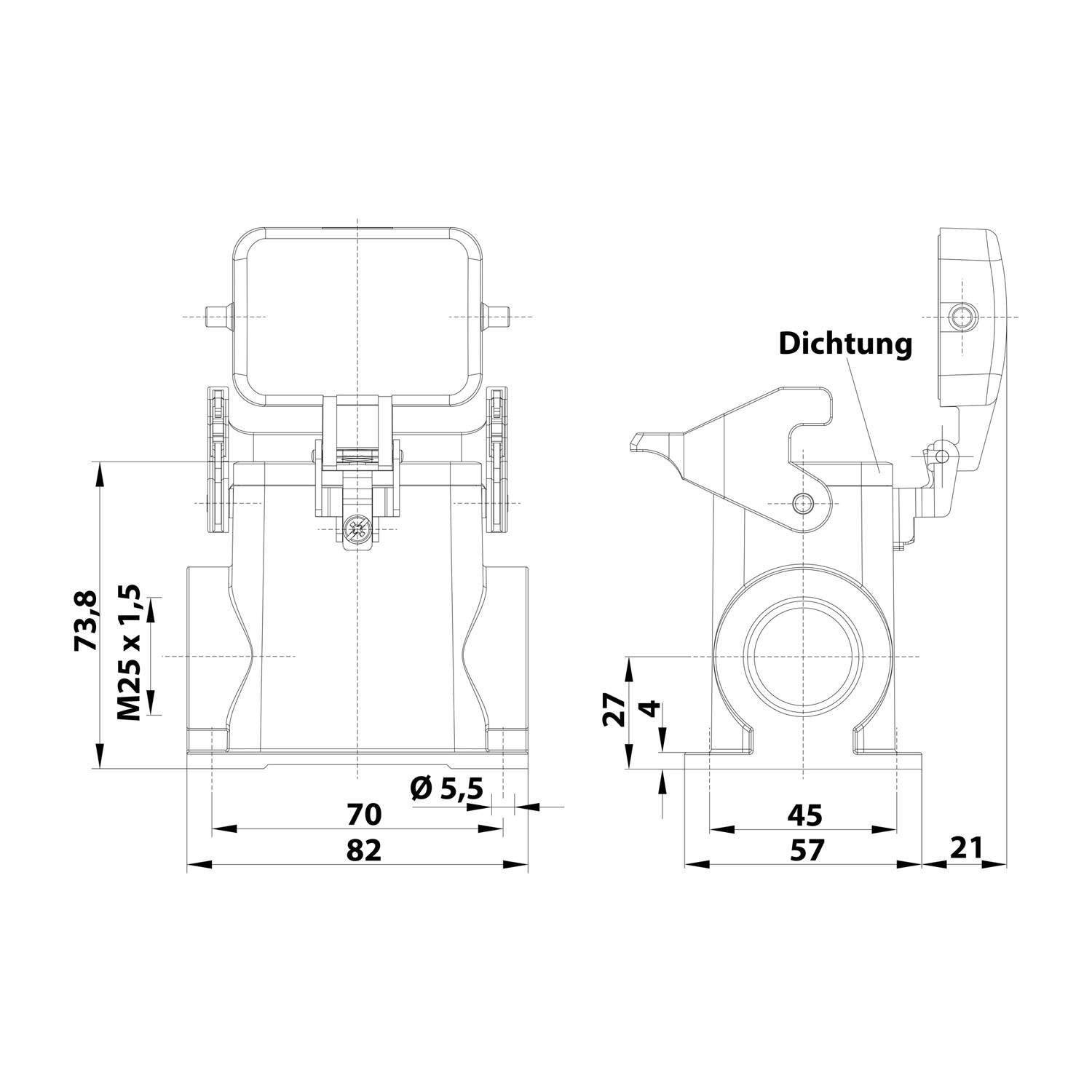 Technische Zeichnung einer mechanischen Komponente mit Dimensionen und Beschriftung. Wichtige Messungen und Hinweise wie 'Dichtung.