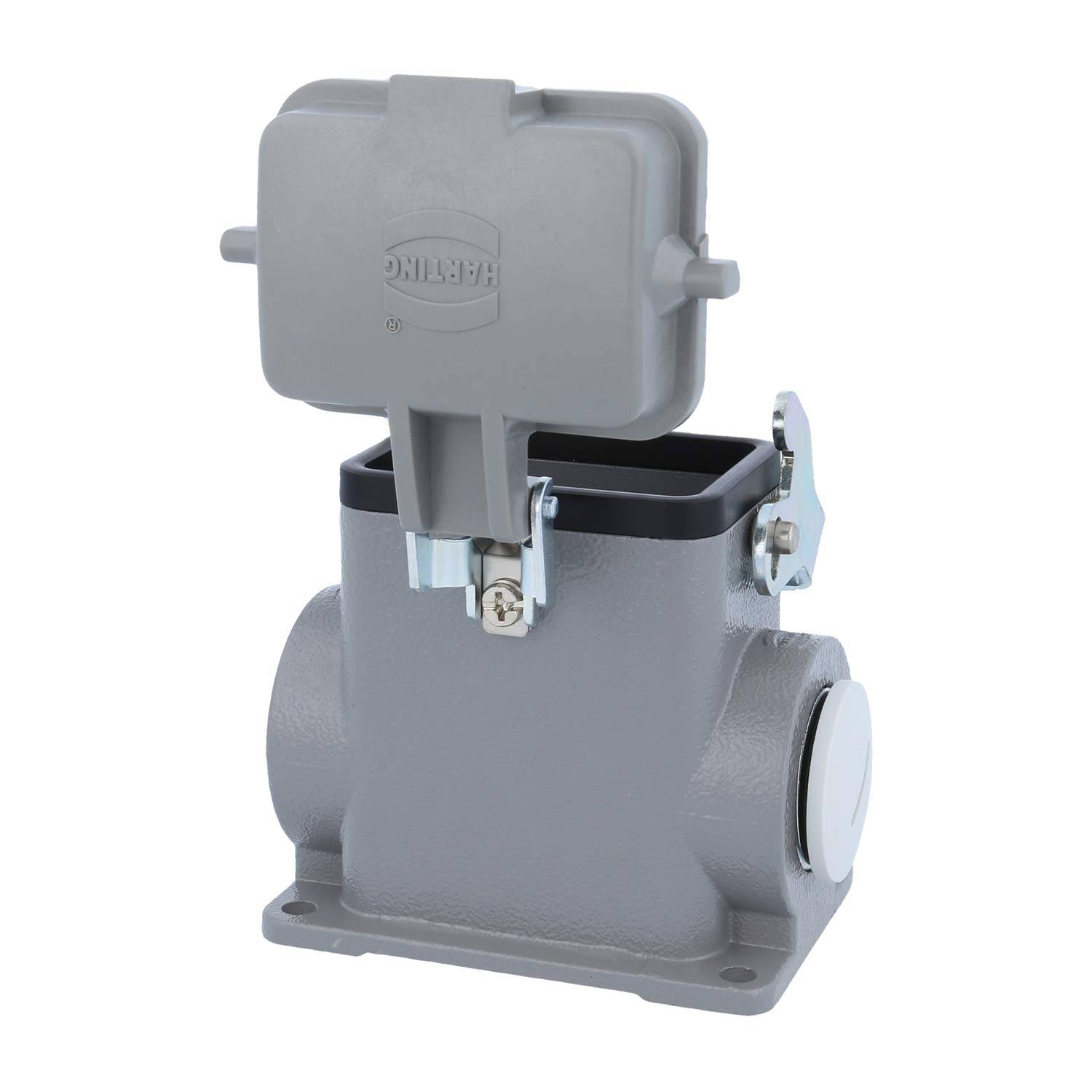 Metall-Elektroinstallationsdose mit klappbarem Schutzdeckel.