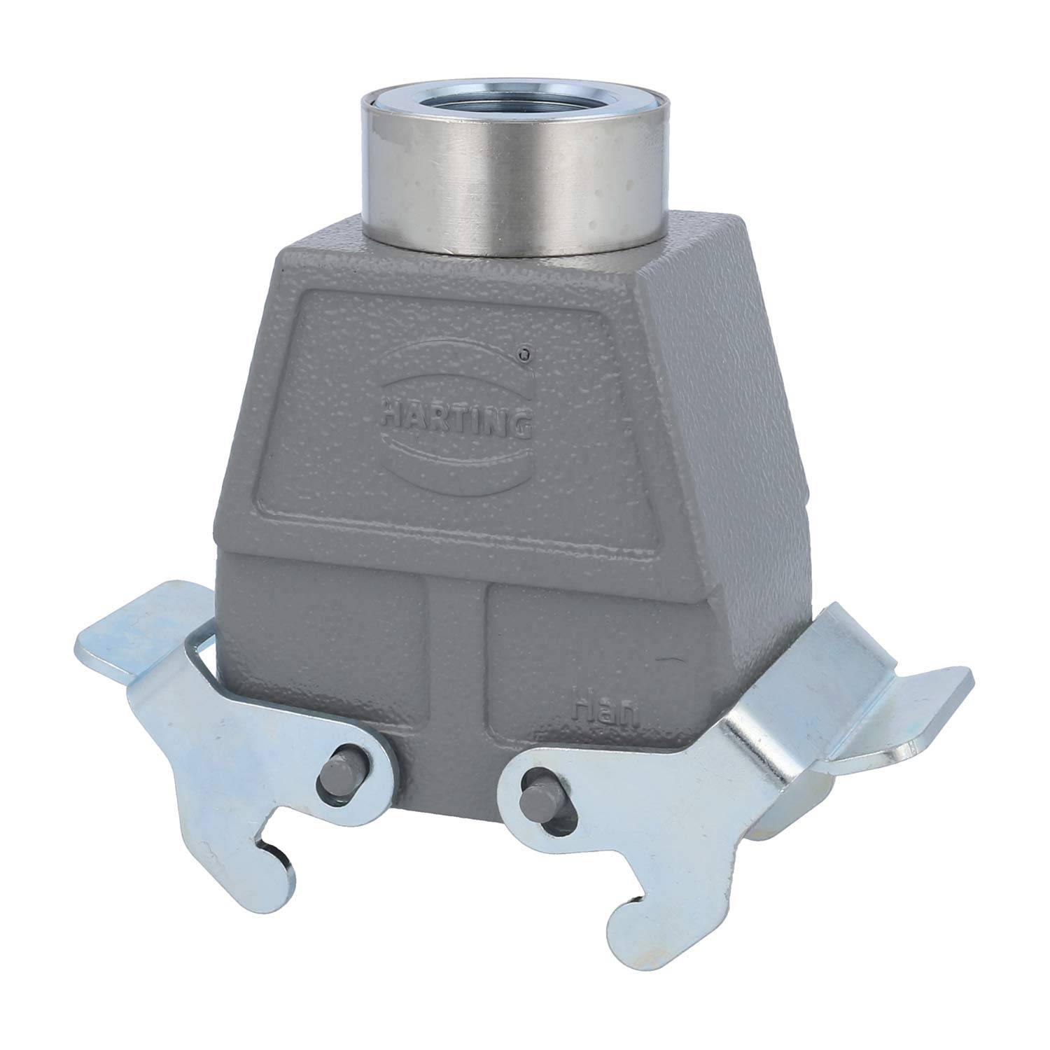 Ein metallischer industrieller Verbinder mit rechteckiger Grundfläche und zwei silbernen Verriegelungen an den Seiten, auf der Oberfläche mit ‚HARTING' beschriftet.