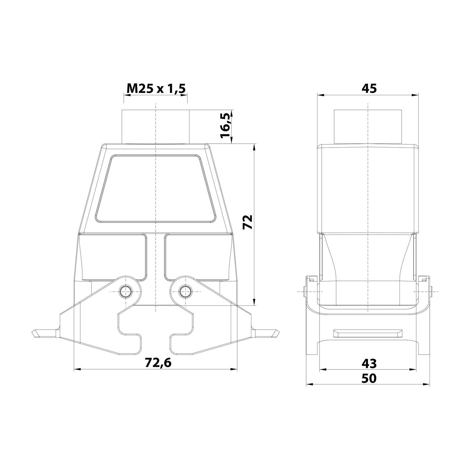 04300100464 HARTING Han 10B Tüllengehäuse hoch, 1xM25 gerader Kabelabgang, mit 2 Querbügeln Verschraubung M25