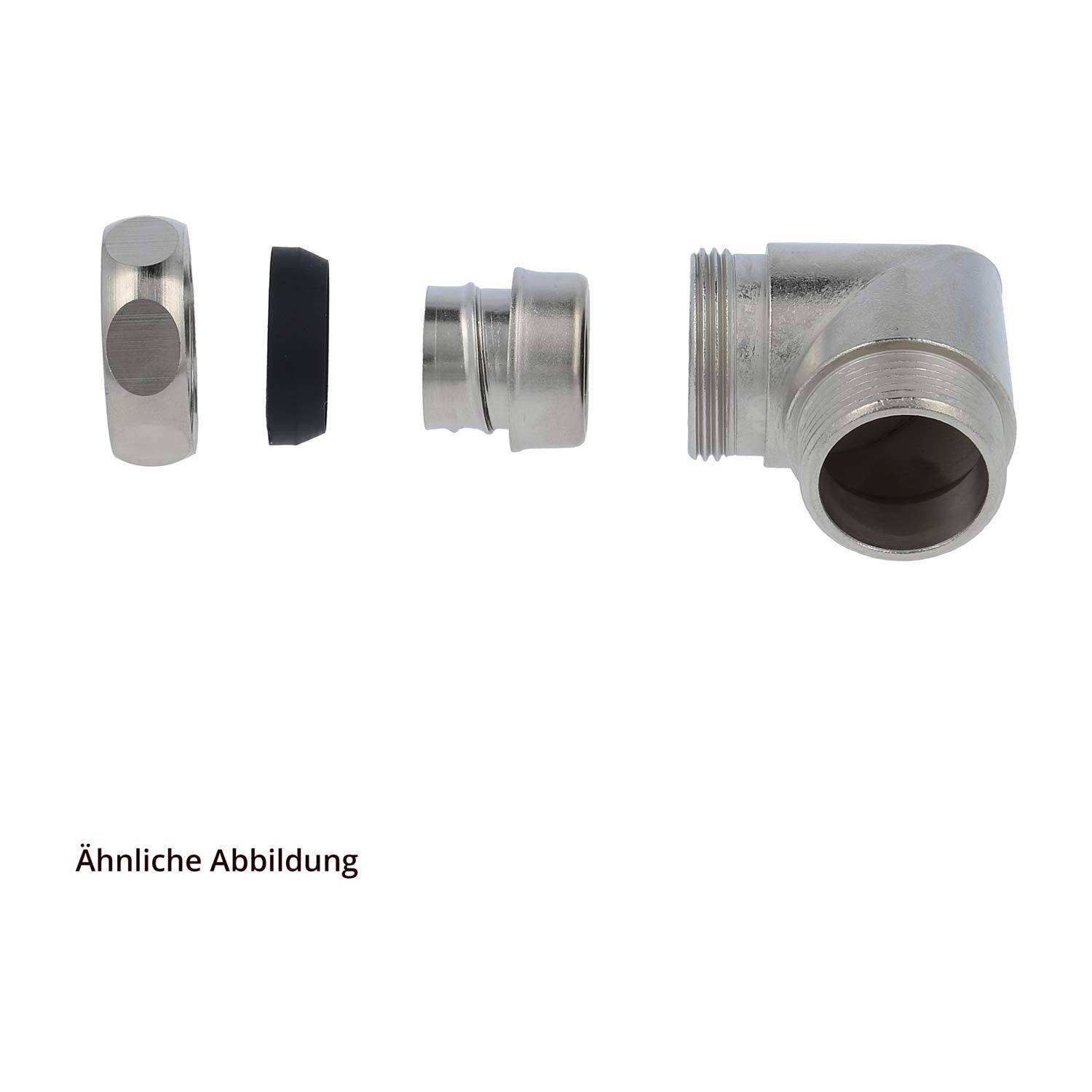 Explosionszeichnung eines Metallrohrbogen-Fitting mit separaten Komponenten, einschließlich eines Verschlussdeckels, einer Dichtung und eines Gewindeanschlusses. Ähnliches Bild.