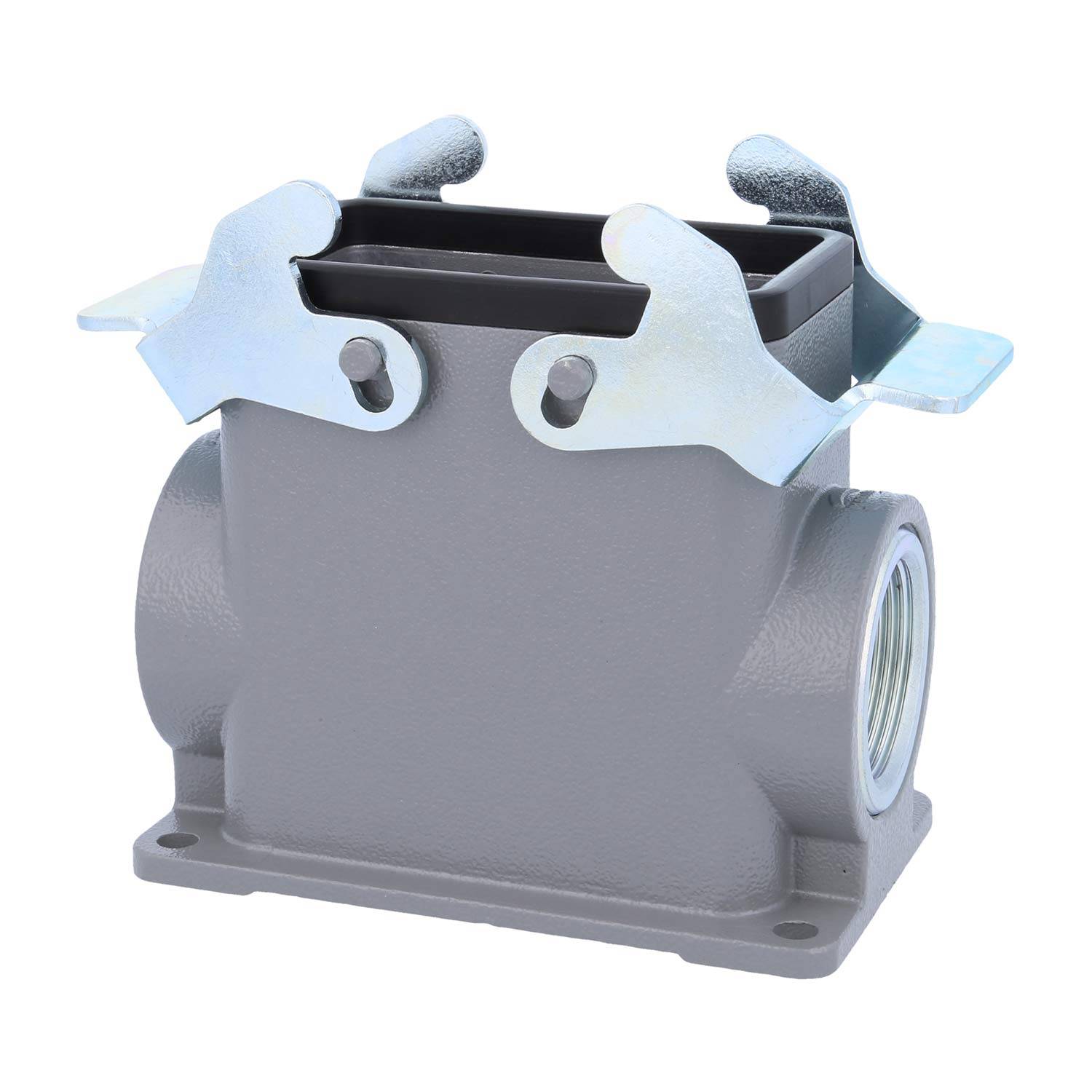 Ein rechteckiges, industrielles Metallverbindergehäuse mit zwei seitlichen Öffnungen und zwei Verriegelungsclips auf der Oberseite, verwendet für elektrische Anschlüsse.