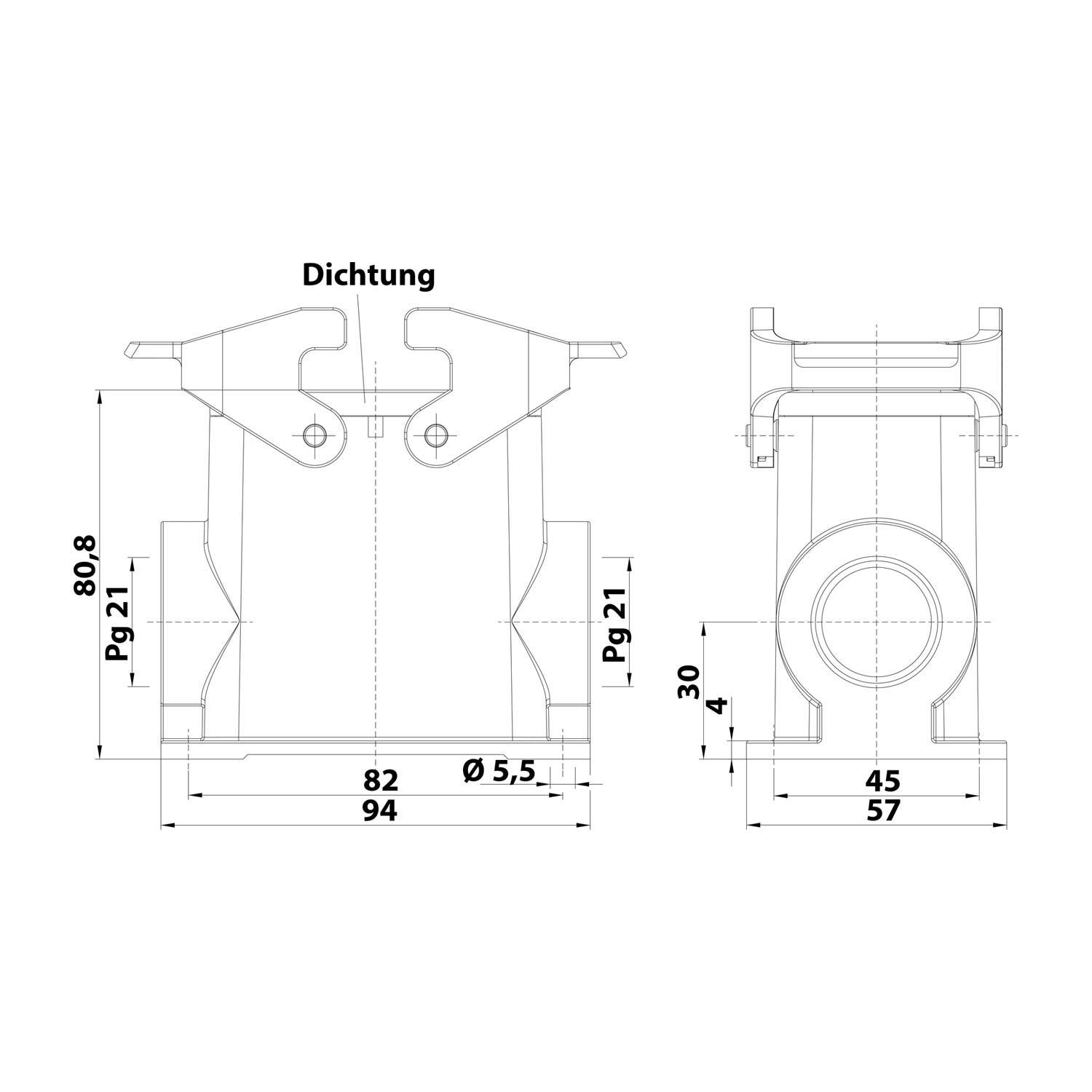 04300100272 HARTING Han 10B Sockelgehäuse hoch, 2xPG21 seitlicher Kabelabgang, mit 2 Querbügeln Verschraubung PG21