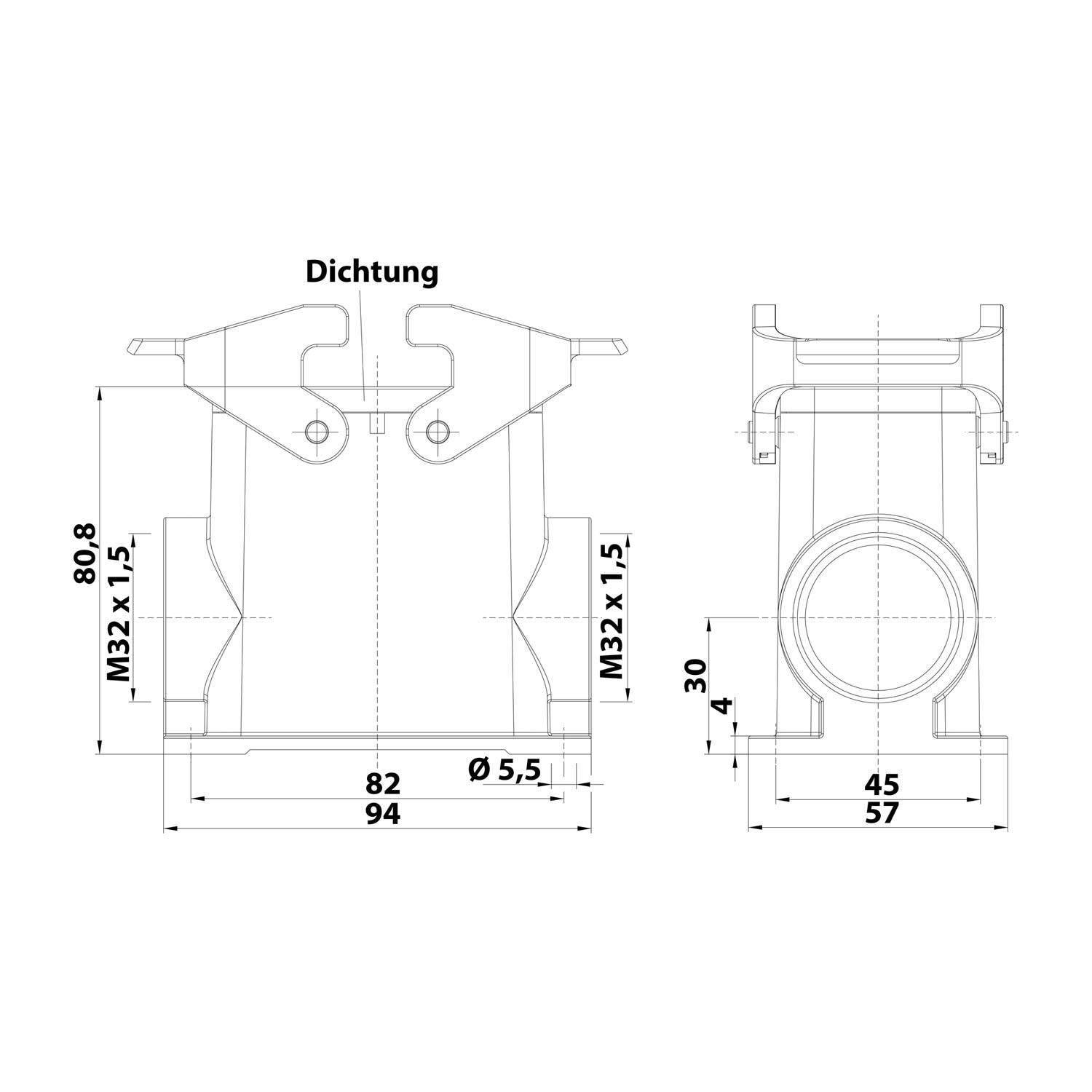Technische Zeichnung einer mechanischen Komponente mit markierten Abmessungen. Die Frontansicht zeigt eine Breite von 94 mm, eine Höhe von 80,8 mm. Die Seitenansicht gibt eine Breite von 57 mm an.