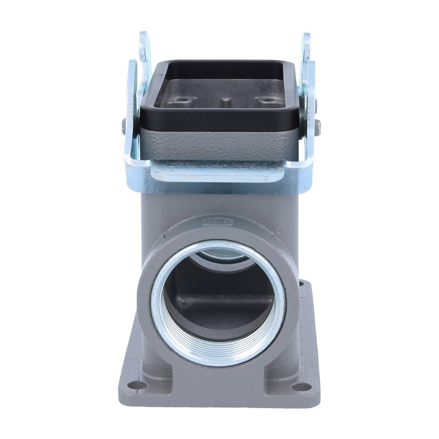 Ein industrielles graues Metall-Leitungsanschlussgehäuse mit Gewindeöffnungen, montierbarer Halterung und einem rechteckigen schwarzen Deckel oben.