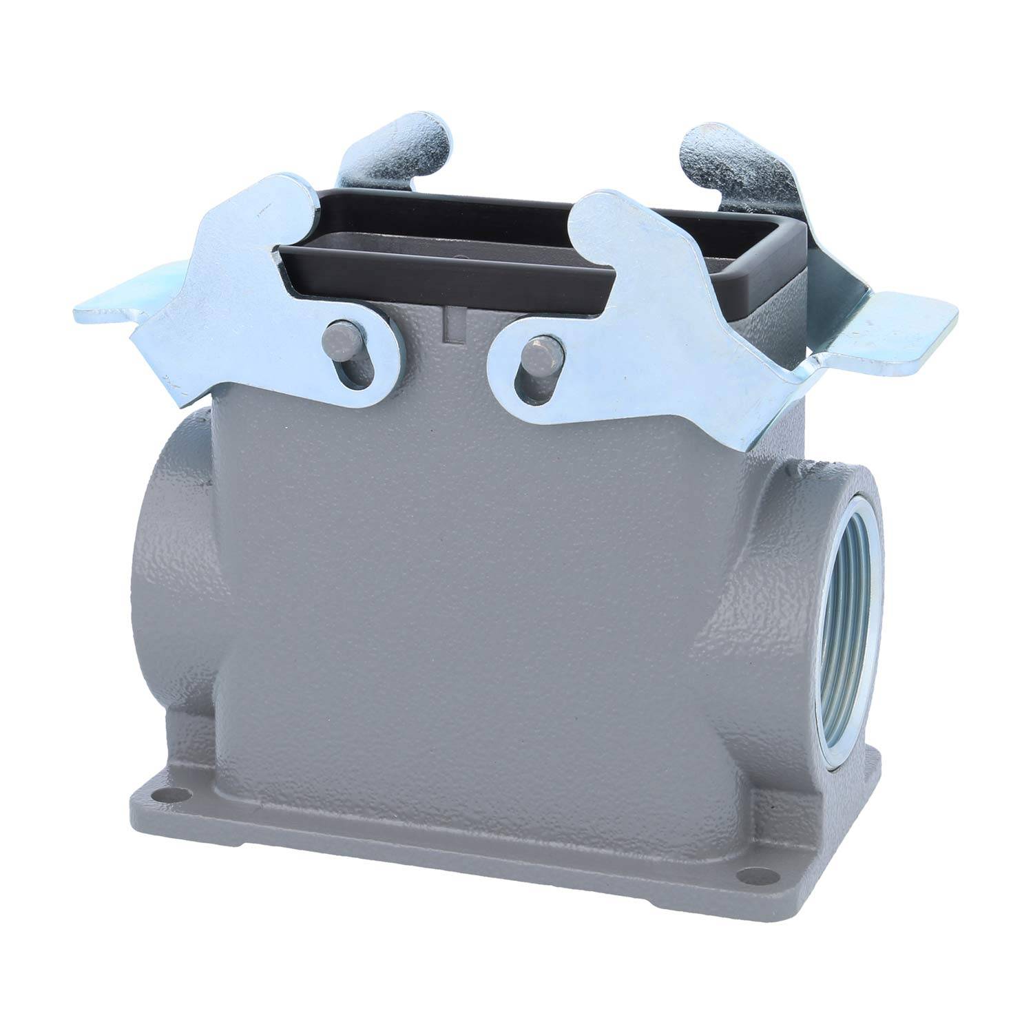 Ein industrielles graues Metallverbindungsgehäuse mit einer rechteckigen Öffnung und zwei Sicherungshaken oben.