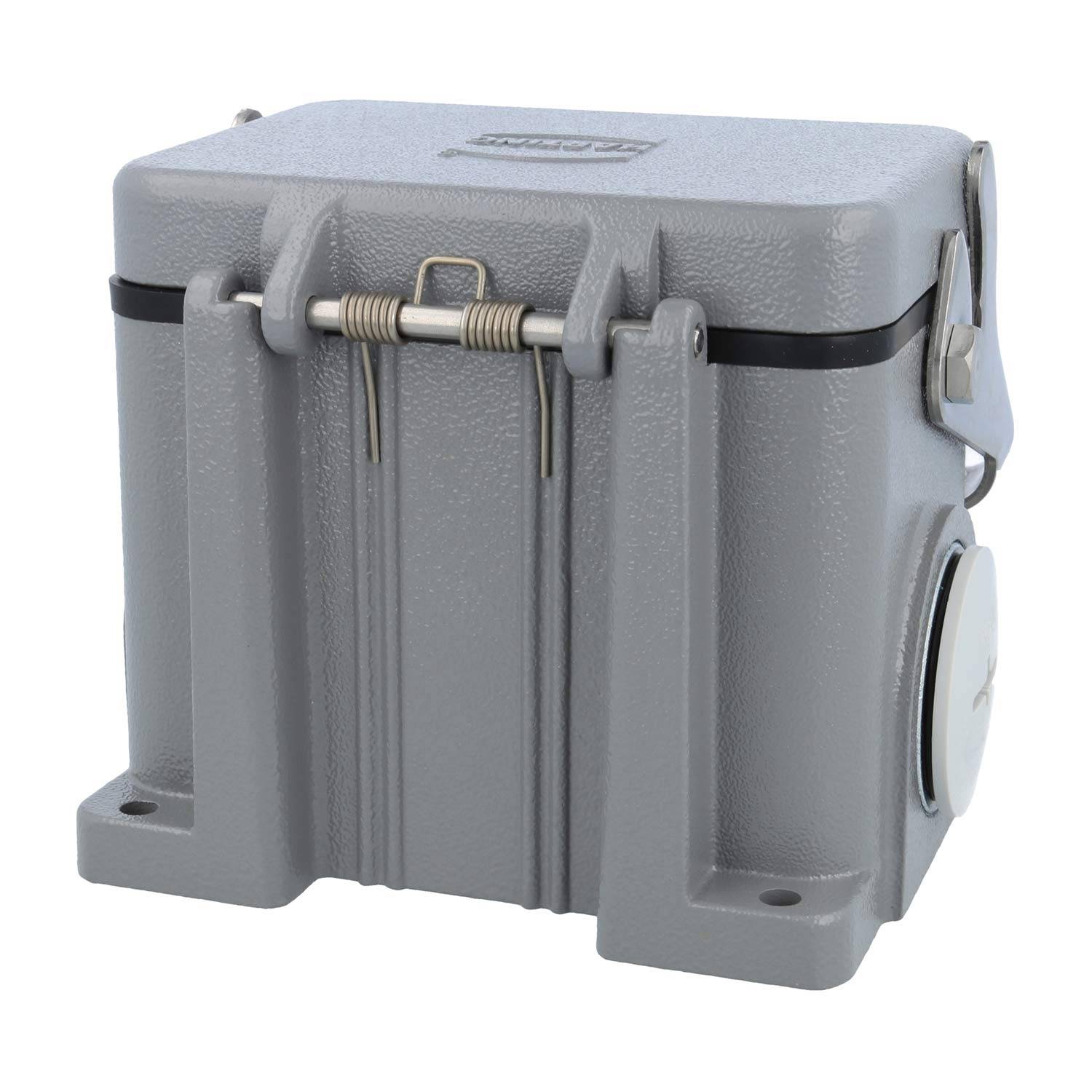 Eine graue, rechteckige, robuste Transportbox mit einem sicheren Metallverschluss und Seitenhandgriffen, die für Langlebigkeit und Schutz konzipiert ist.