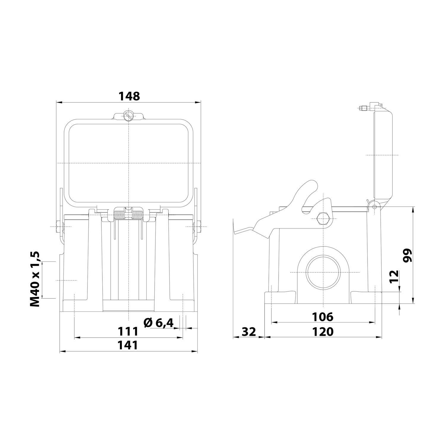 Technische Zeichnung einer mechanischen Komponente mit Maßangaben in Millimetern, mit Vorder- und Seitenansicht. Hauptaugenmerk auf den Dimensionen 148, 111, 141, 106, 120, mit Beschriftung 'M40 x 1,5'.