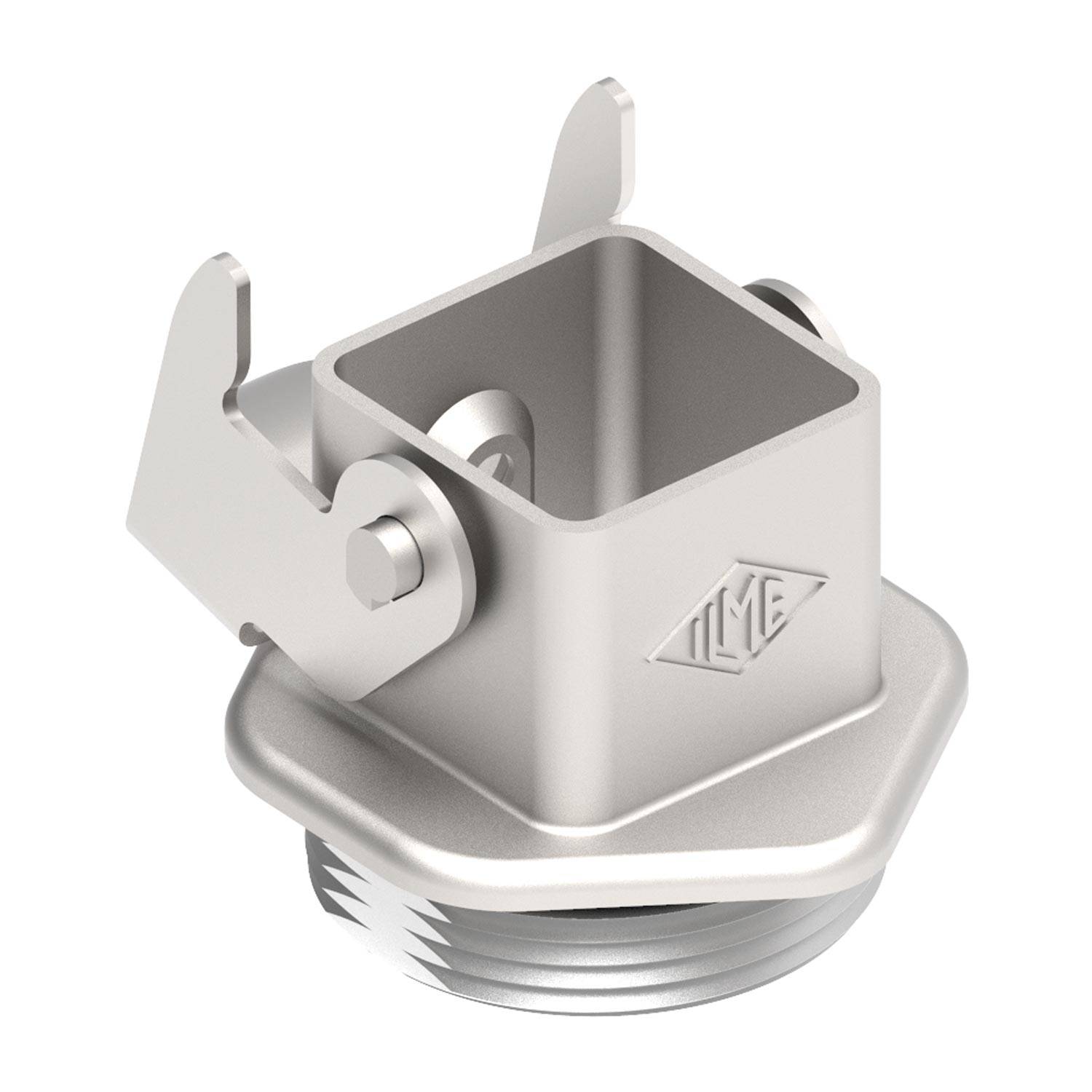 Eine Metallhalterung mit einer quadratischen Öffnung, ausgestattet mit zwei seitlichen Verriegelungen und einer Schraubenbasis, die zum Befestigen von Komponenten oder Anschlüssen verwendet wird.