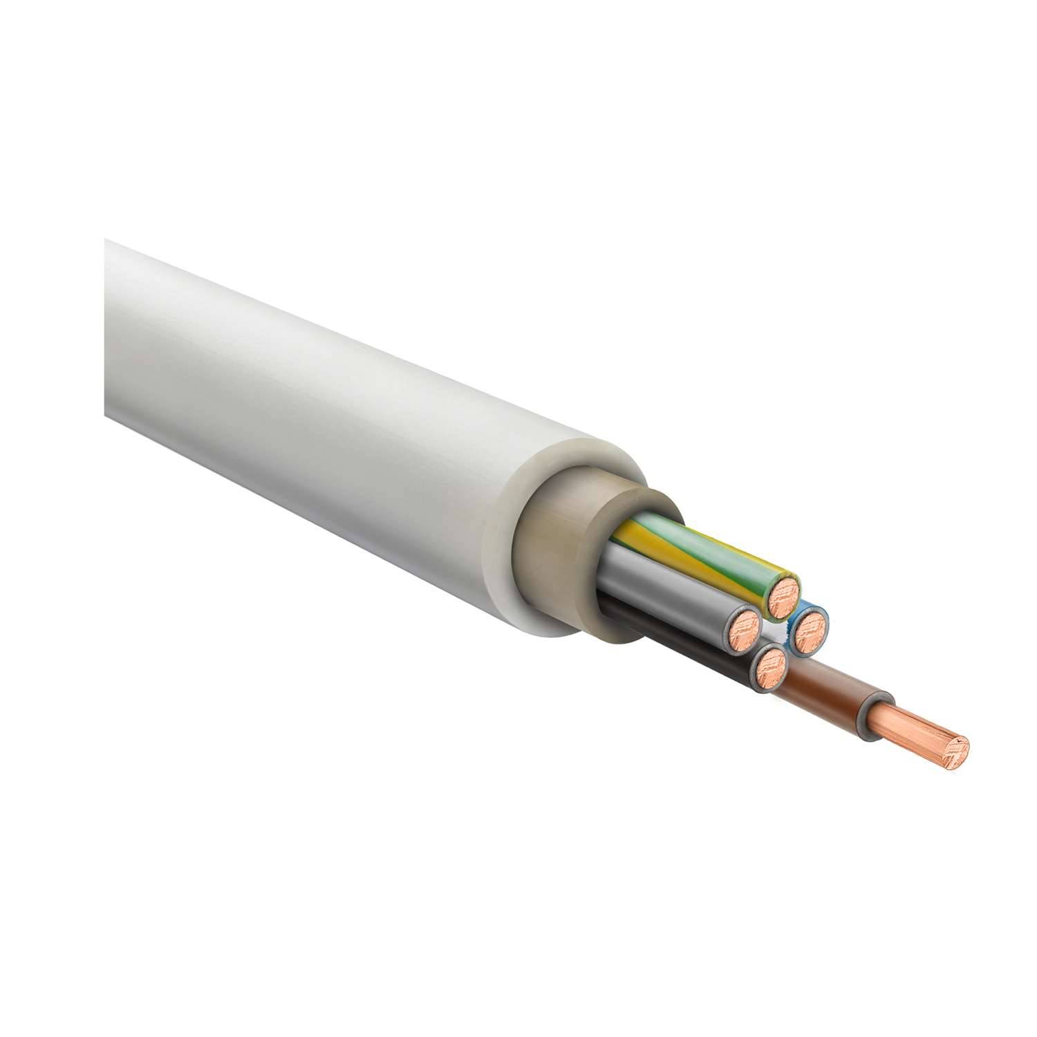Ein Nahaufnahmebild eines elektrischen Kabels mit mehreren isolierten Kupferdrähten in verschiedenen Farben, eingehüllt in einer weißen äußeren Schutzhülle.