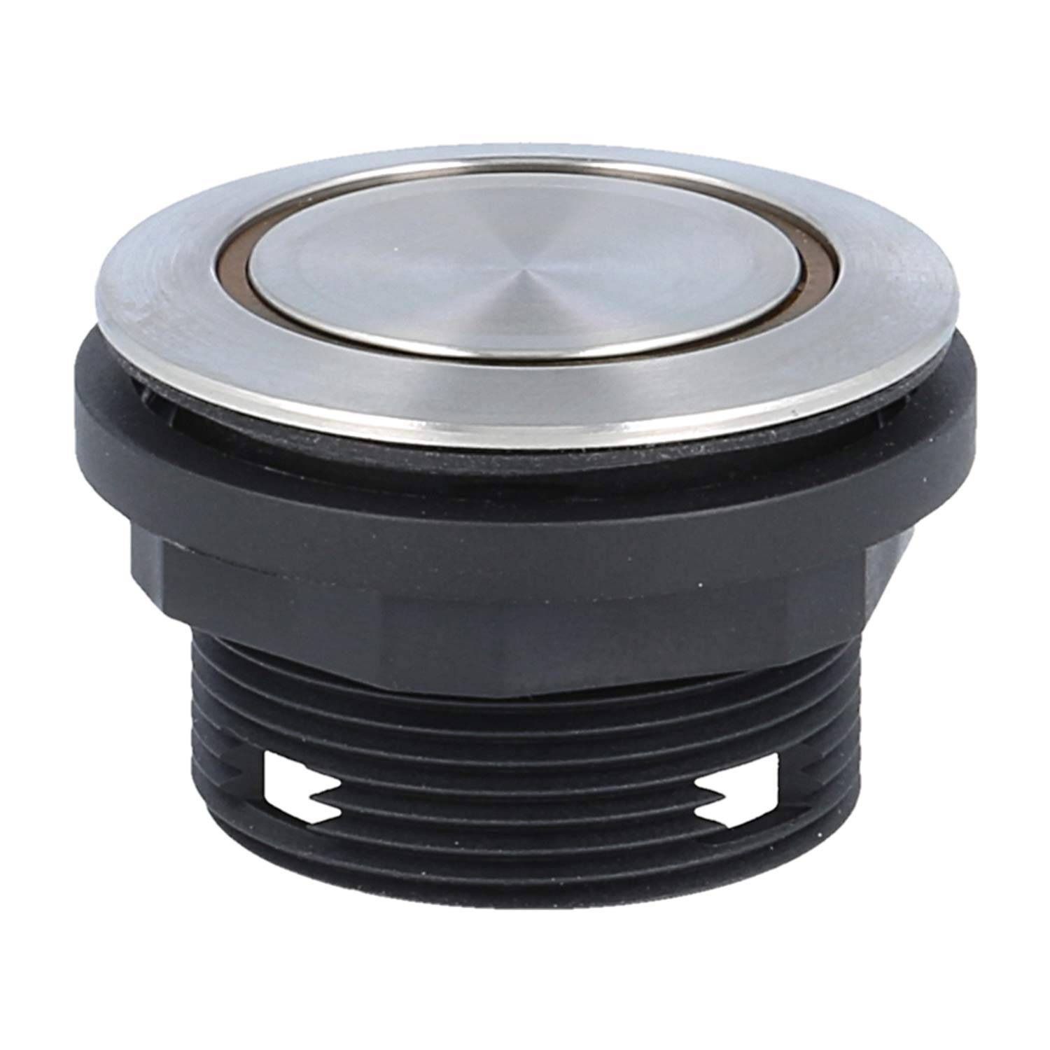 Runder Druckknopf mit metallischer Oberfläche und schwarzer Kunststoffbasis, typischerweise verwendet für elektronische Gerätesteuerungen oder industrielle Bedienfelder.