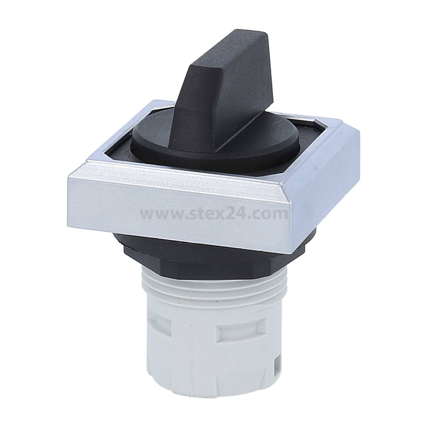 Schalter mit einem rechteckigen schwarzen Griff in einem silbernen Rahmen auf einer weißen Basis, verwendet in elektrischen Anwendungen.