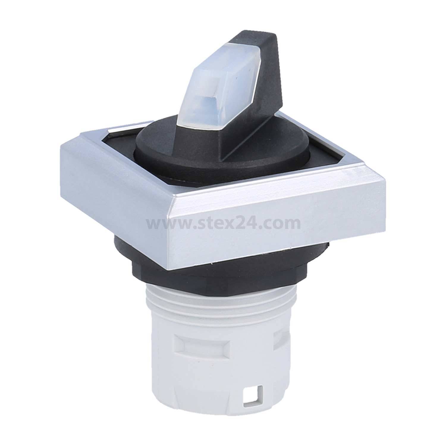 Ein schwarzer und grauer Drehschalter mit quadratischer Blende, für industrielle Steuerungspanels konzipiert, fotografiert vor einem weißen Hintergrund.