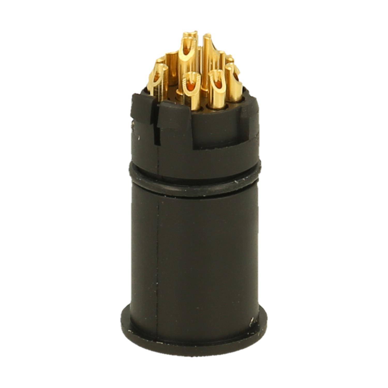 Ein schwarzer und goldener elektronischer Verbinderstift, aufrecht stehend, mit mehreren vergoldeten Pins in einem schwarzen zylindrischen Gehäuse.
