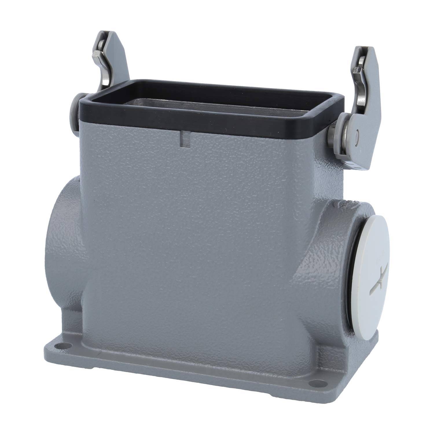 Ein rechteckiges graues industrielles Verbindungsgehäuse mit zwei Metallverriegelungen an den Seiten, entwickelt für sichere elektrische Verbindungen.