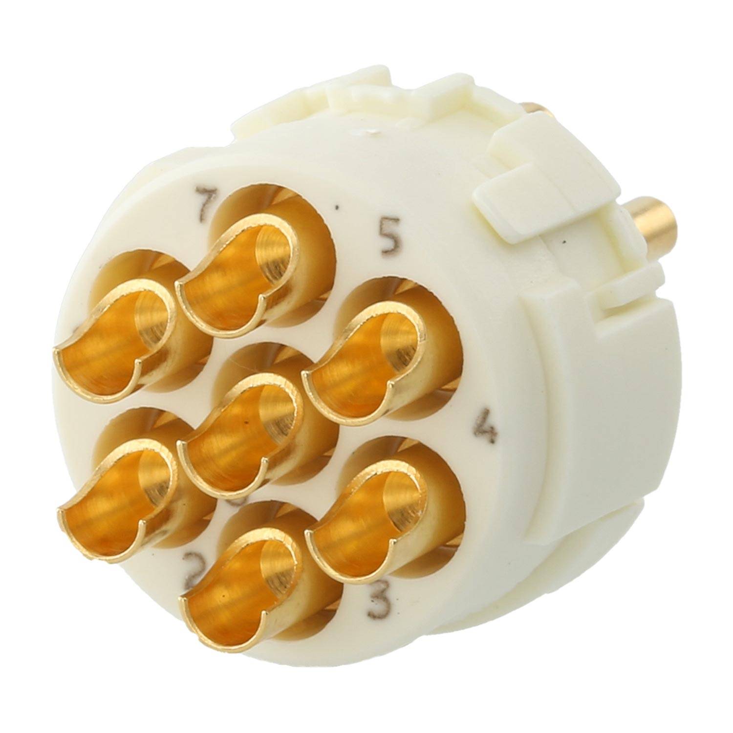 Ein beige-farbener Kunststoff-Elektroverbinder mit sieben nummerierten, goldenen Stiften, die in einem kreisförmigen Muster angeordnet sind und für elektronische Verbindungen verwendet werden.