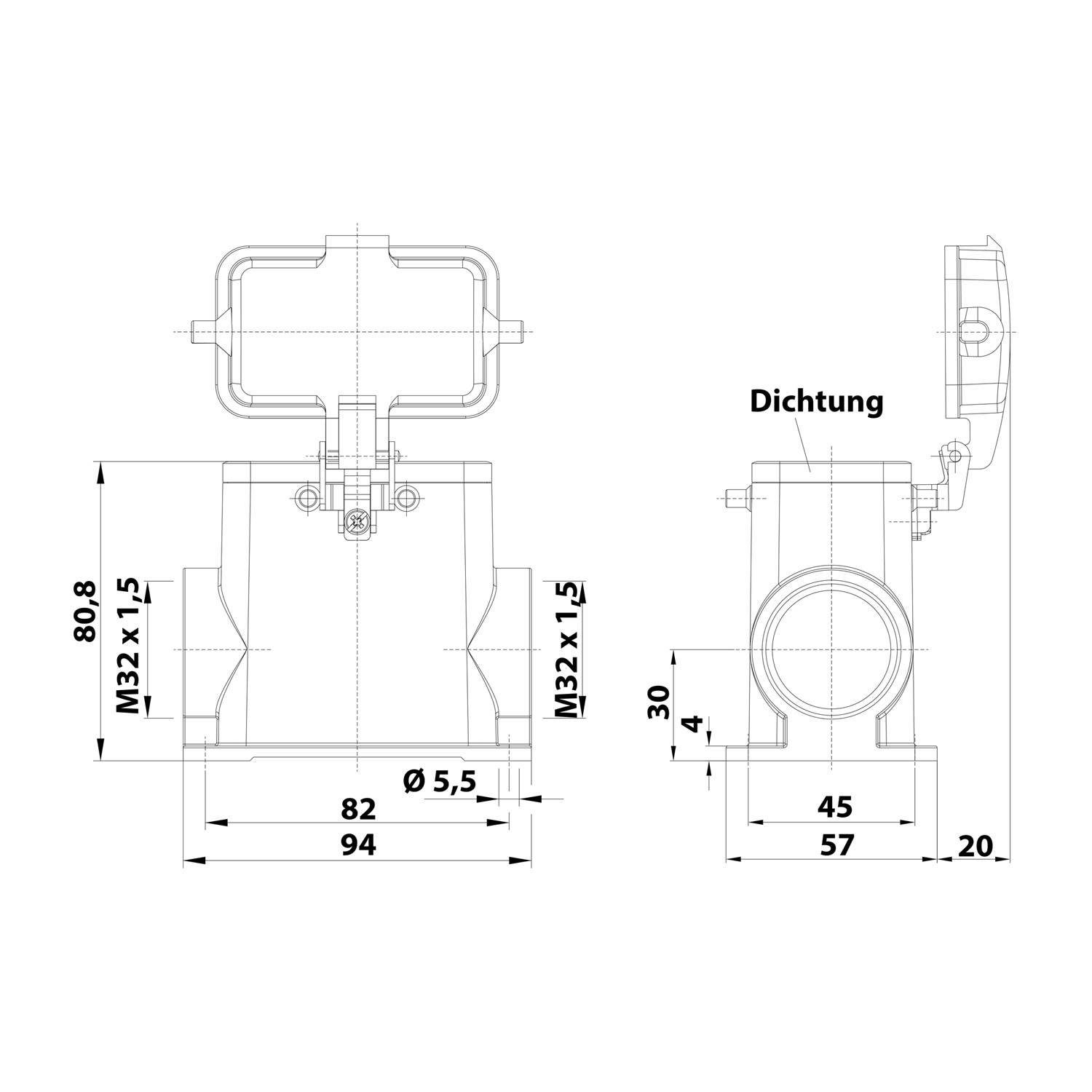 19300100267 HARTING Han 10B Sockelgehäuse hoch, 2xM32 seitlicher Kabelabgang, für 2 Bügel (am Oberteil) mit Schutzkappe