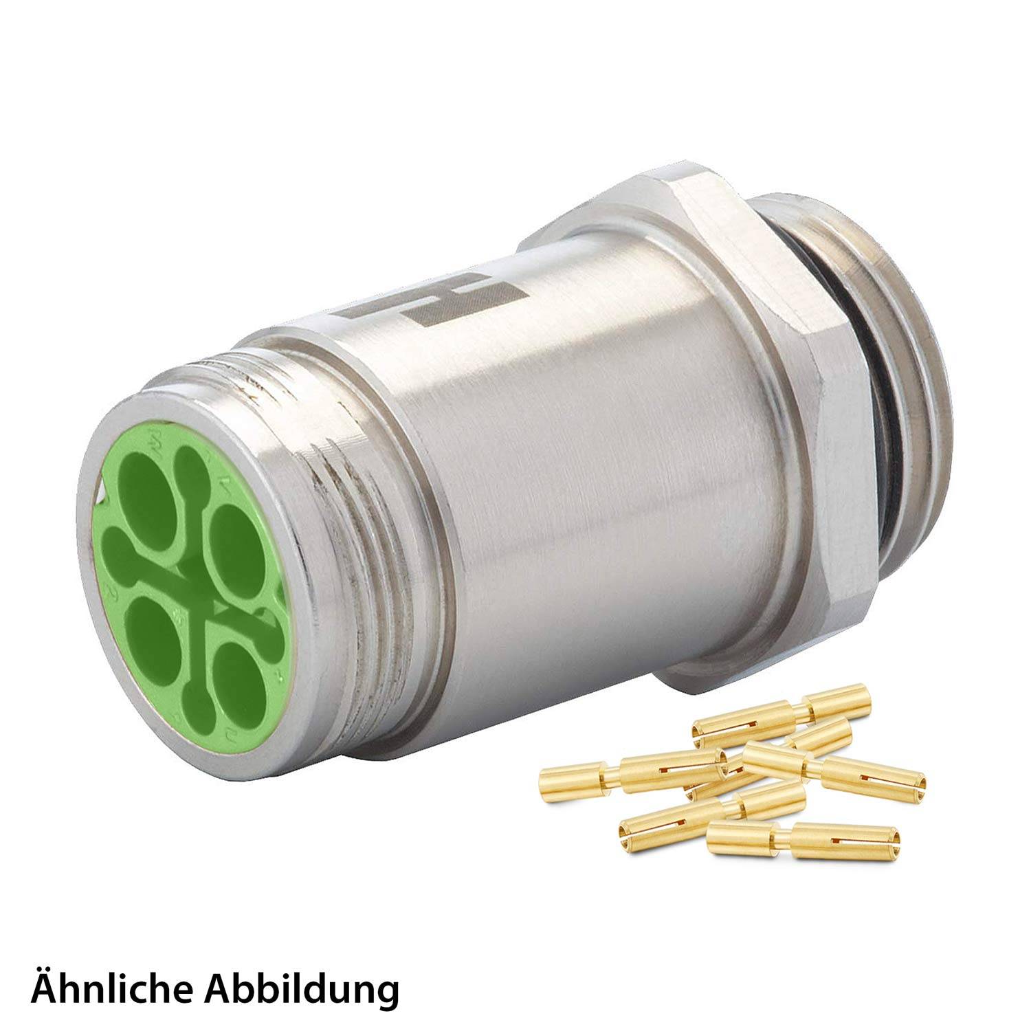 Metallischer zylindrischer Anschluss mit grünem Innenbereich und mehreren kleinen goldenen Pins daneben. Text liest sich: 'Ähnliche Abbildung'.
