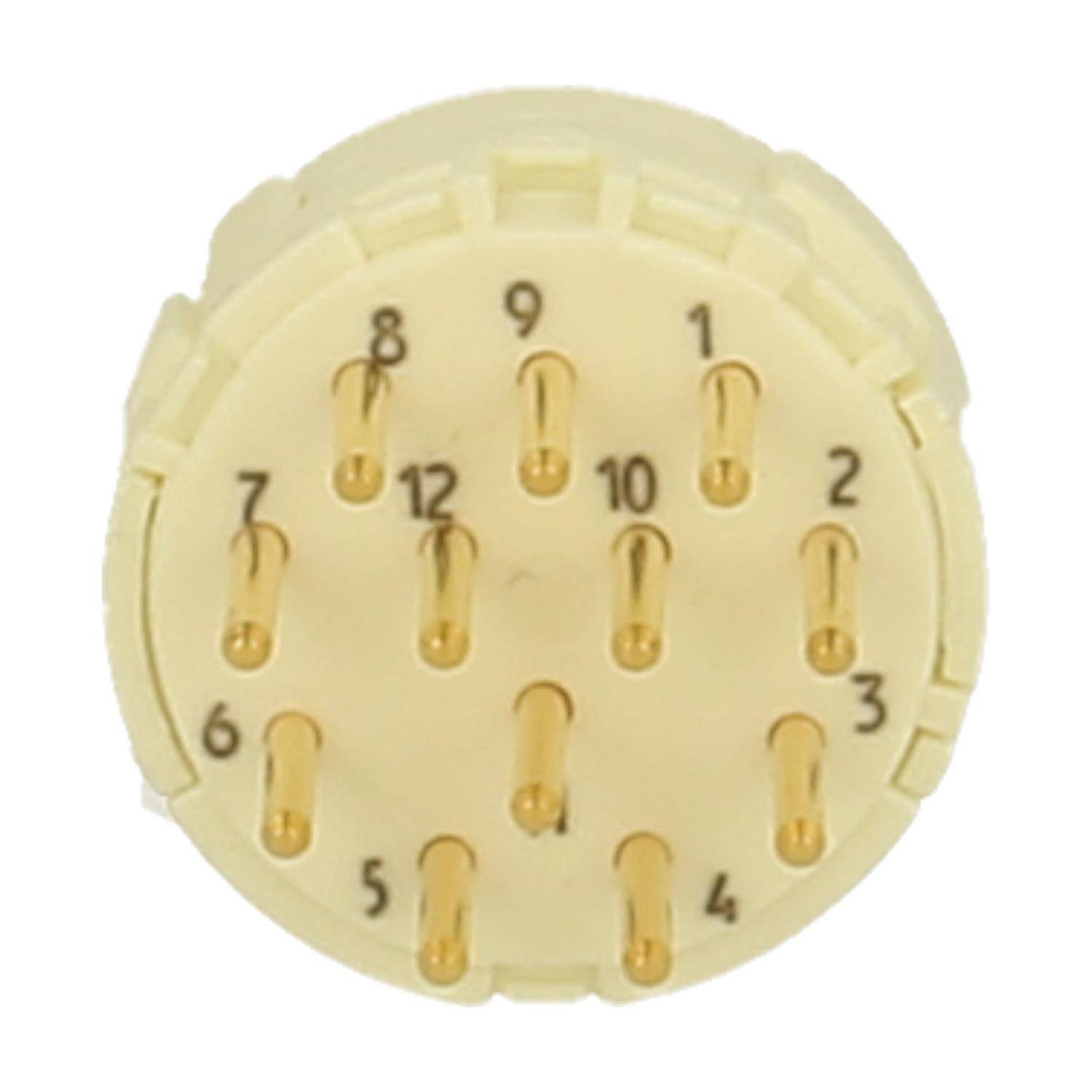 Ein runder, beiger elektrischer Steckverbinder mit 12 nummerierten goldenen Pins, die in einem kreisförmigen Muster angeordnet sind. Jeder Pin ist mit einer Nummer gekennzeichnet.