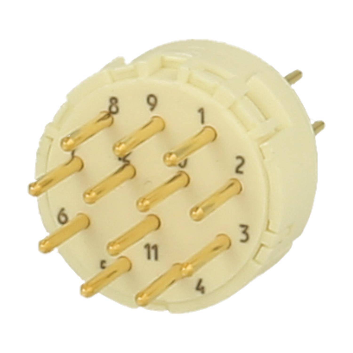 Eine 12-polige elektrische Buchse, die in einem kreisförmigen Muster auf einer beigen Basis angeordnet ist, mit nummerierten Pins für die Schaltungsverbindung.